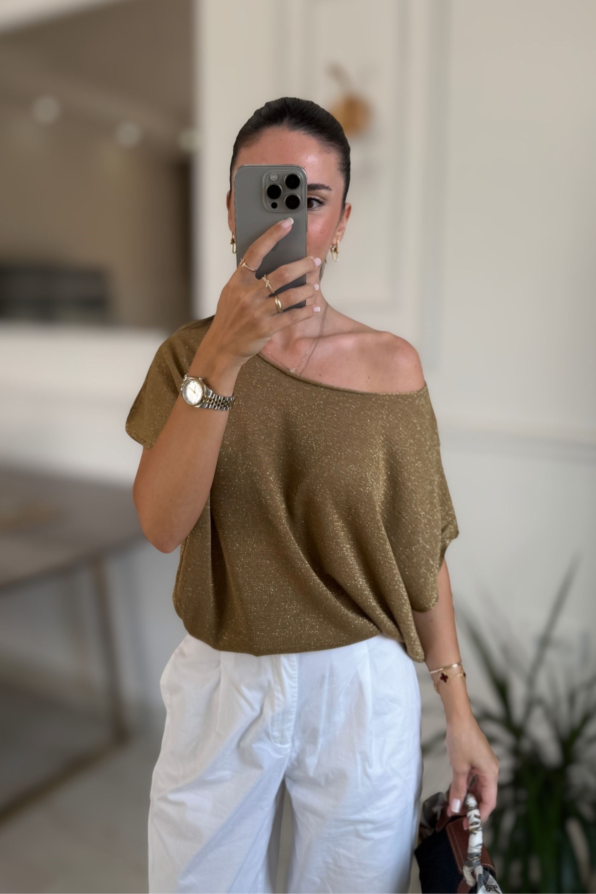  KAYIK YAKA GOLD SİMLİ BLUZ - GOLD
