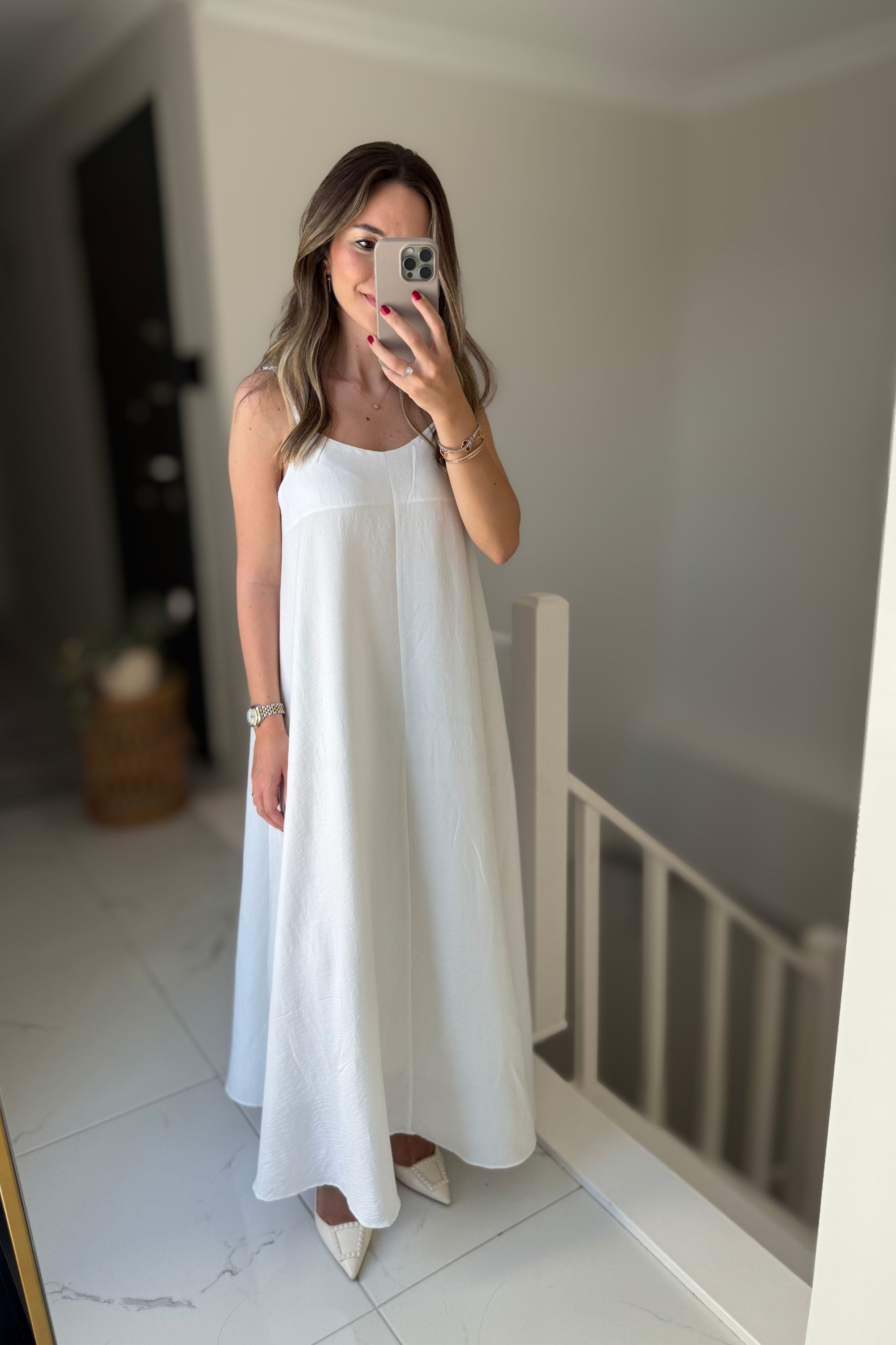 ASKILI UZUN ELBİSE - BEYAZ