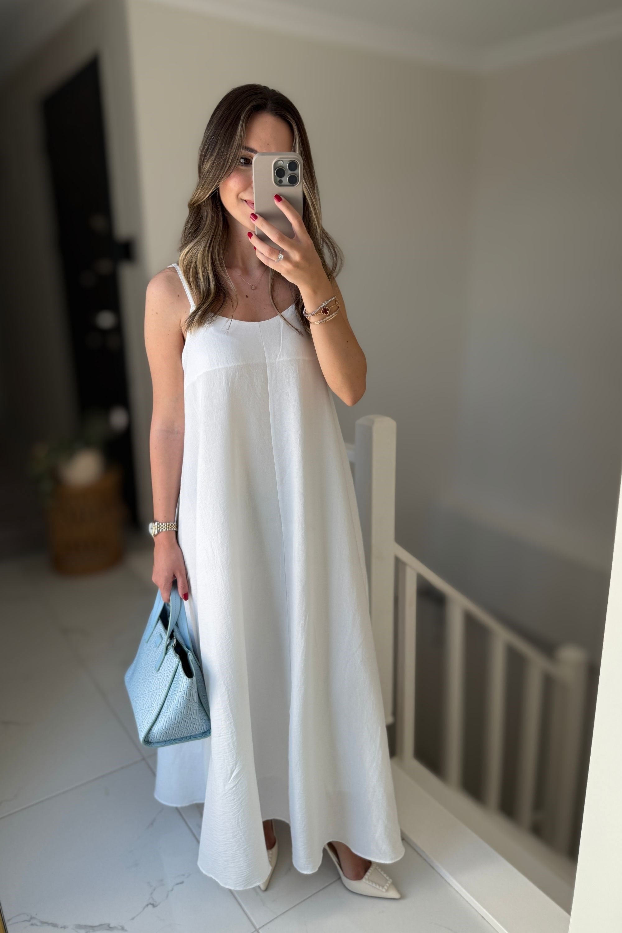 ASKILI UZUN ELBİSE - BEYAZ