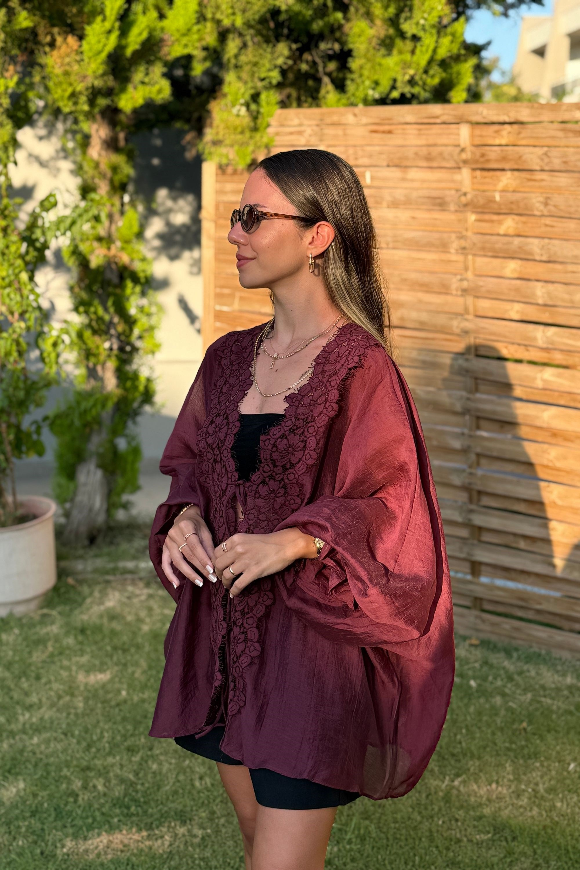 DANTEL DETAYLI BAĞLAMALI GÖMLEK - BORDO