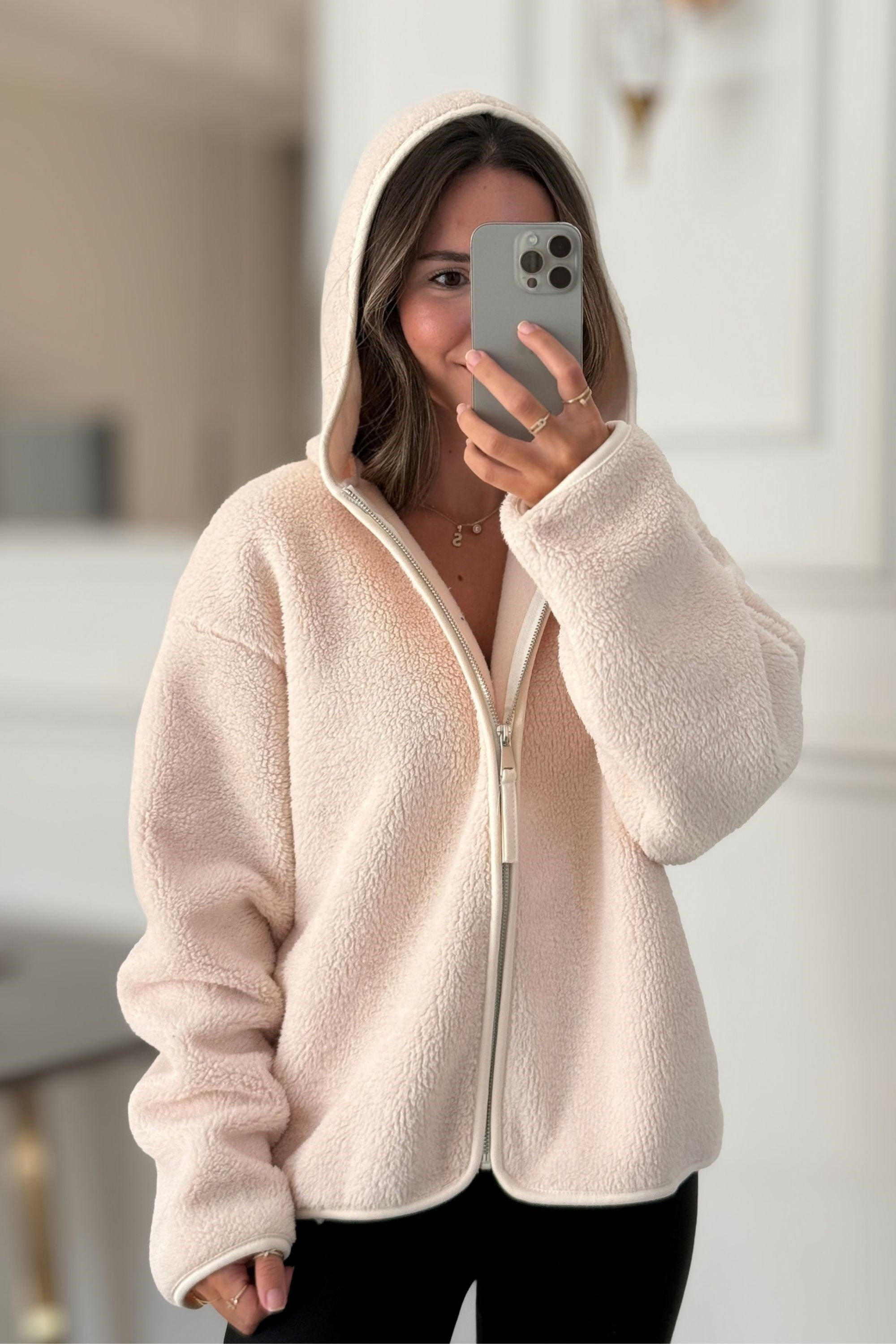 FERMUARLI CEPLİ KAPÜŞONLU POLAR - EKRU