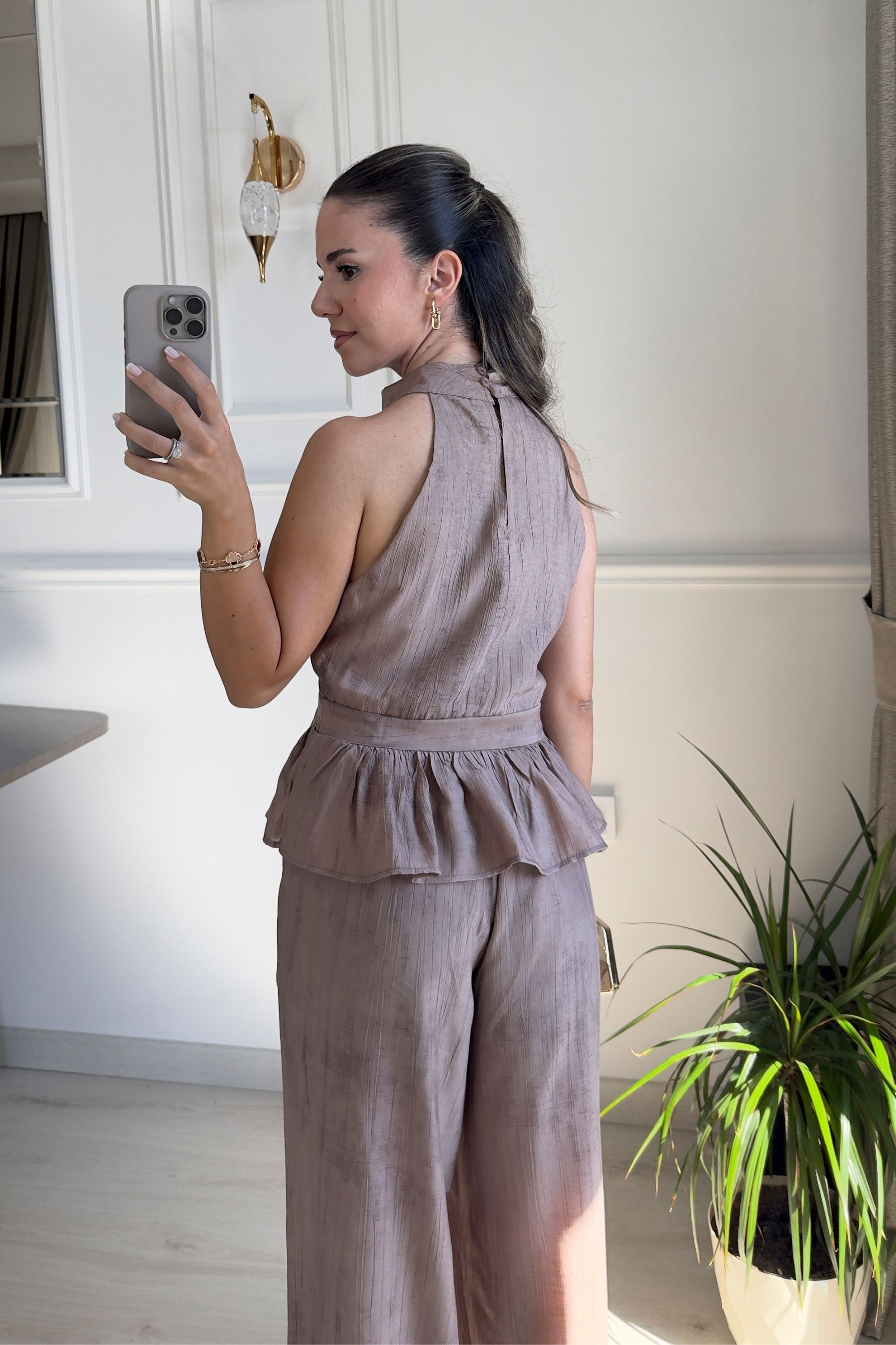 GOLD AKSESUARLI BLUZ PANTOLON TAKIM - KAHVE