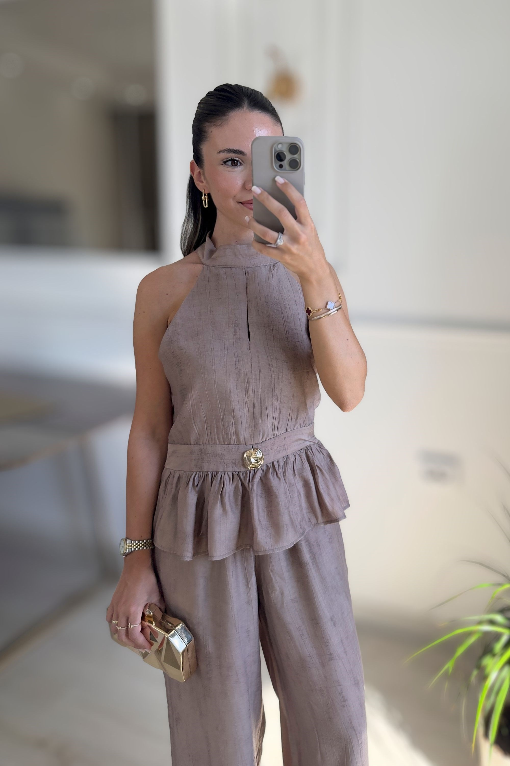 GOLD AKSESUARLI BLUZ PANTOLON TAKIM - KAHVE