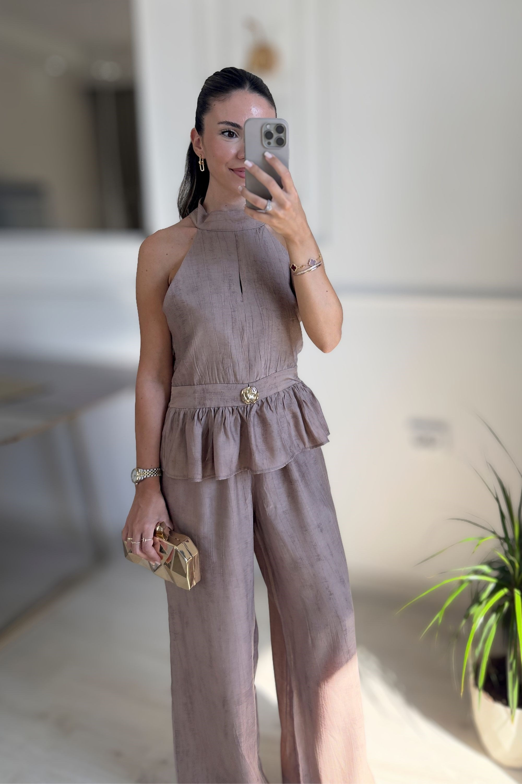 GOLD AKSESUARLI BLUZ PANTOLON TAKIM - KAHVE