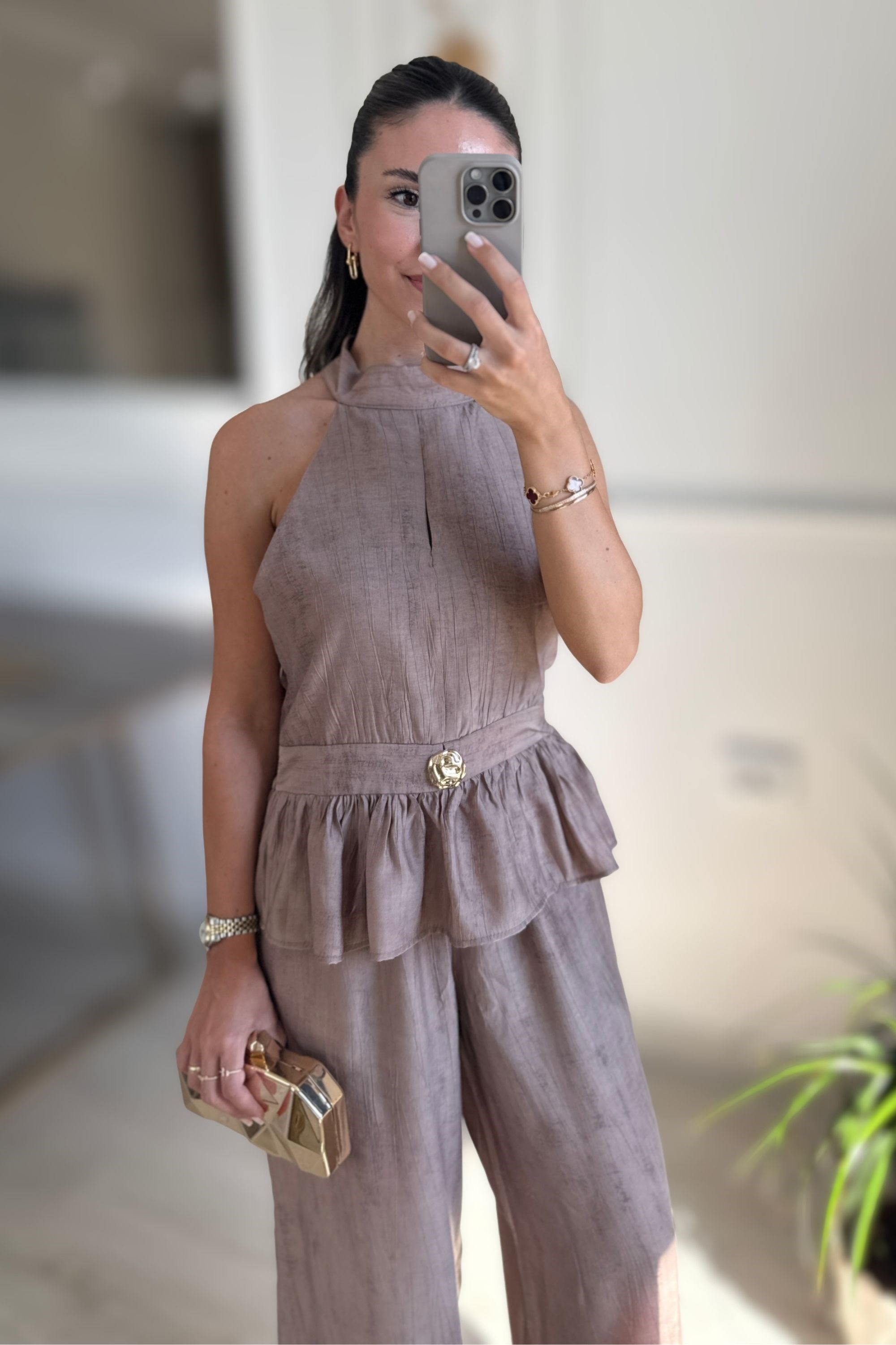 GOLD AKSESUARLI BLUZ PANTOLON TAKIM - KAHVE