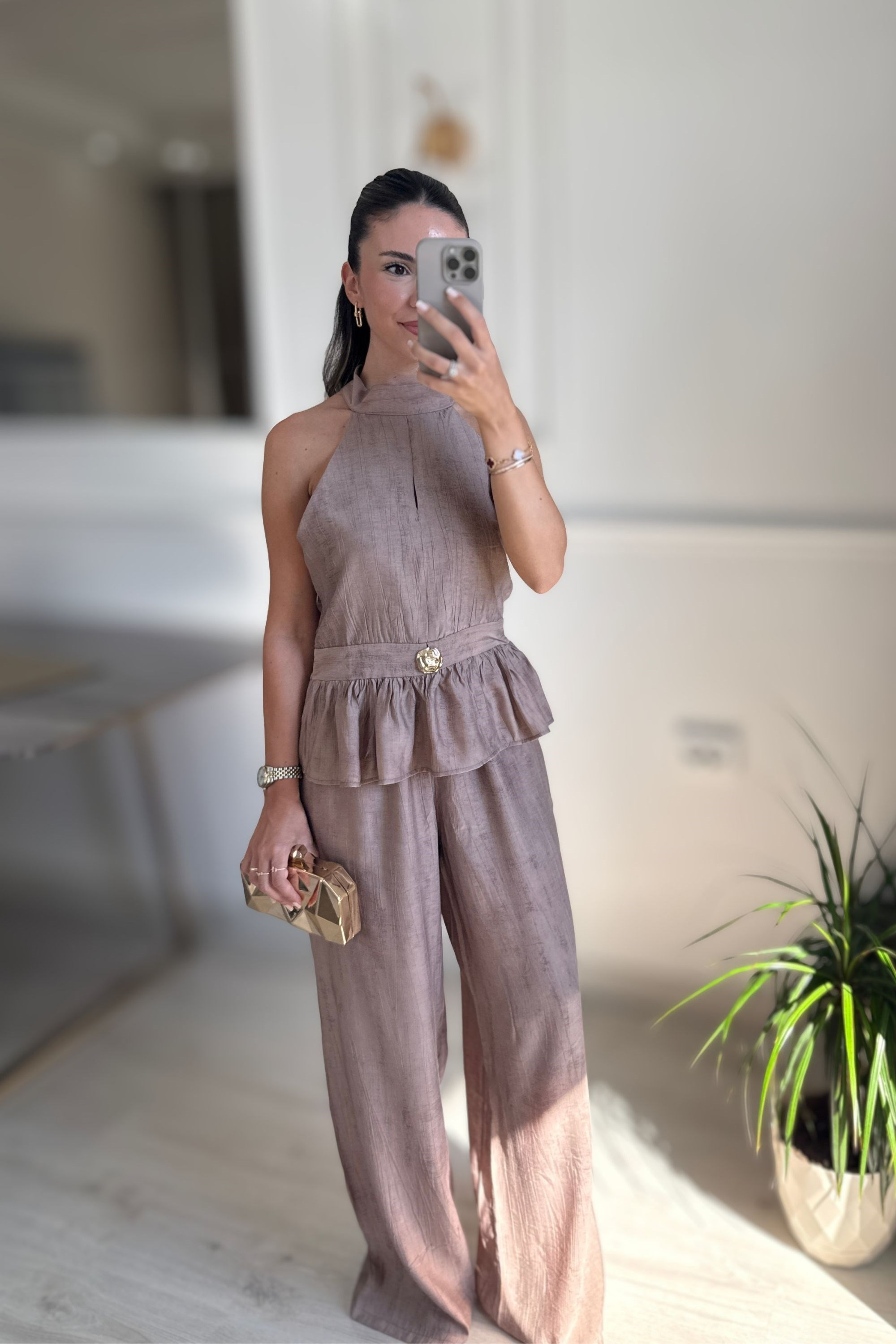 GOLD AKSESUARLI BLUZ PANTOLON TAKIM - KAHVE
