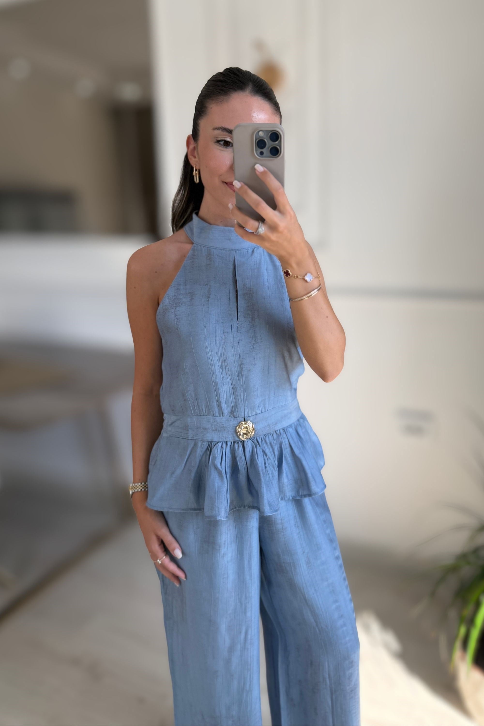 GOLD AKSESUARLI BLUZ PANTOLON TAKIM - MAVİ
