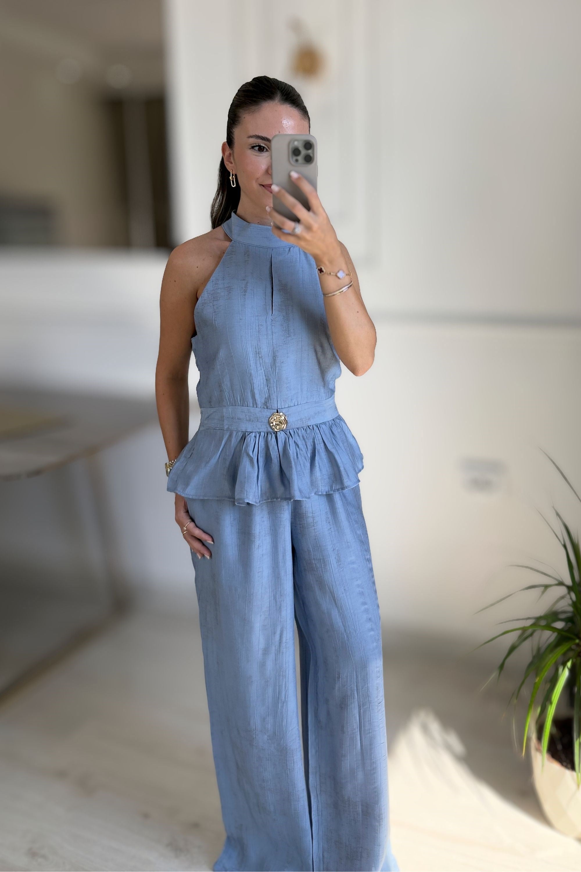 GOLD AKSESUARLI BLUZ PANTOLON TAKIM - MAVİ