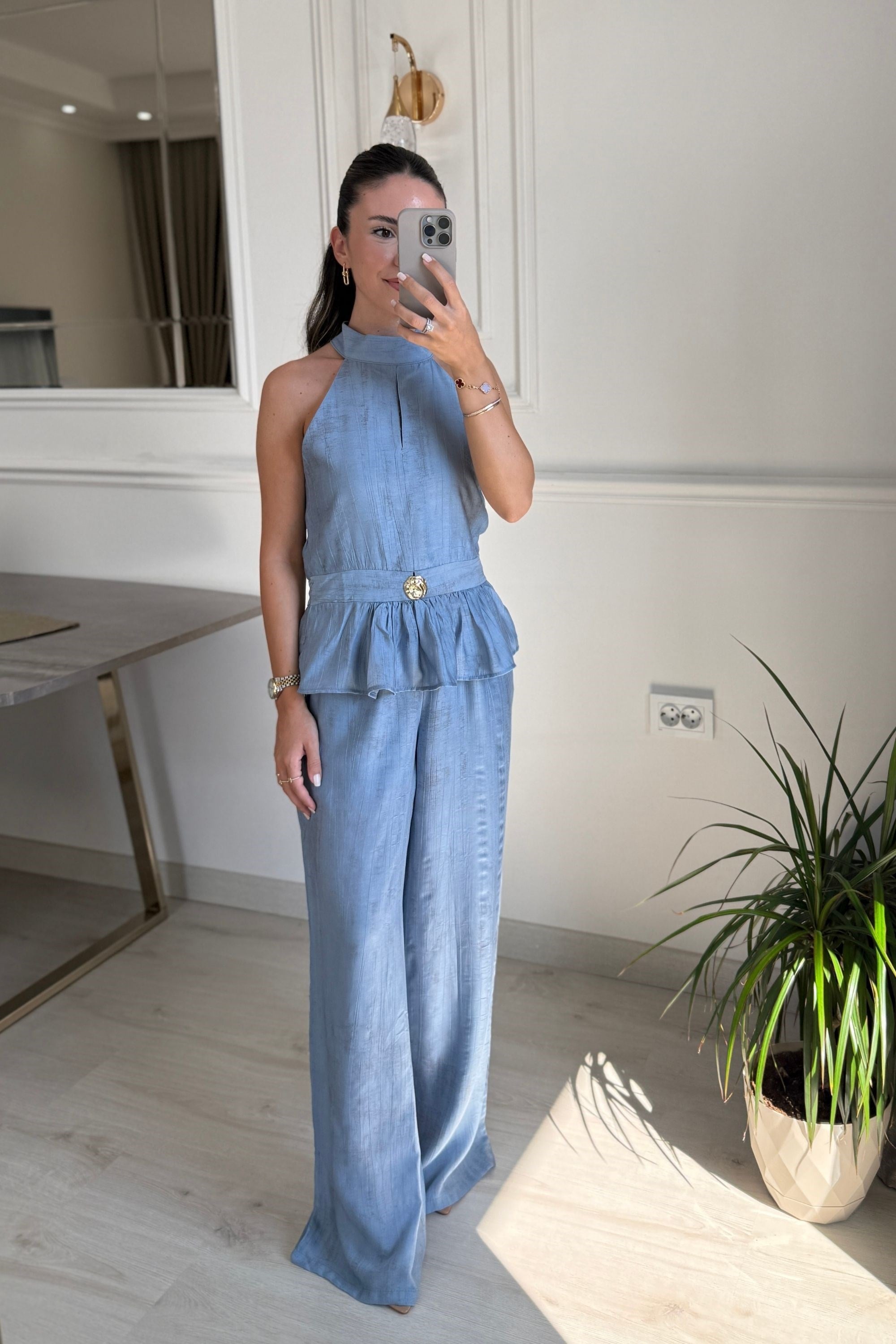 GOLD AKSESUARLI BLUZ PANTOLON TAKIM - MAVİ