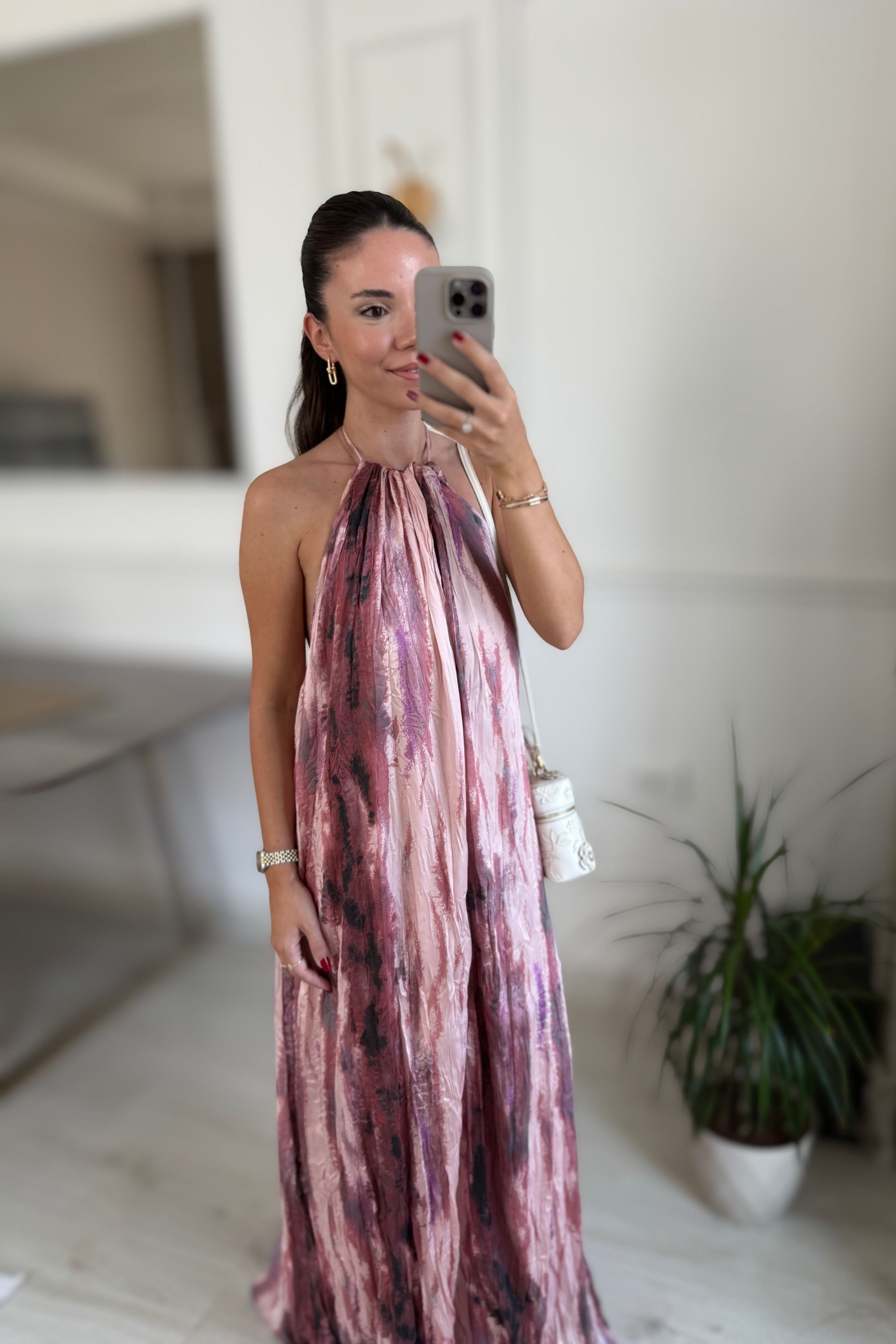 HALTER YAKA DESENLİ ELBİSE - PEMBE