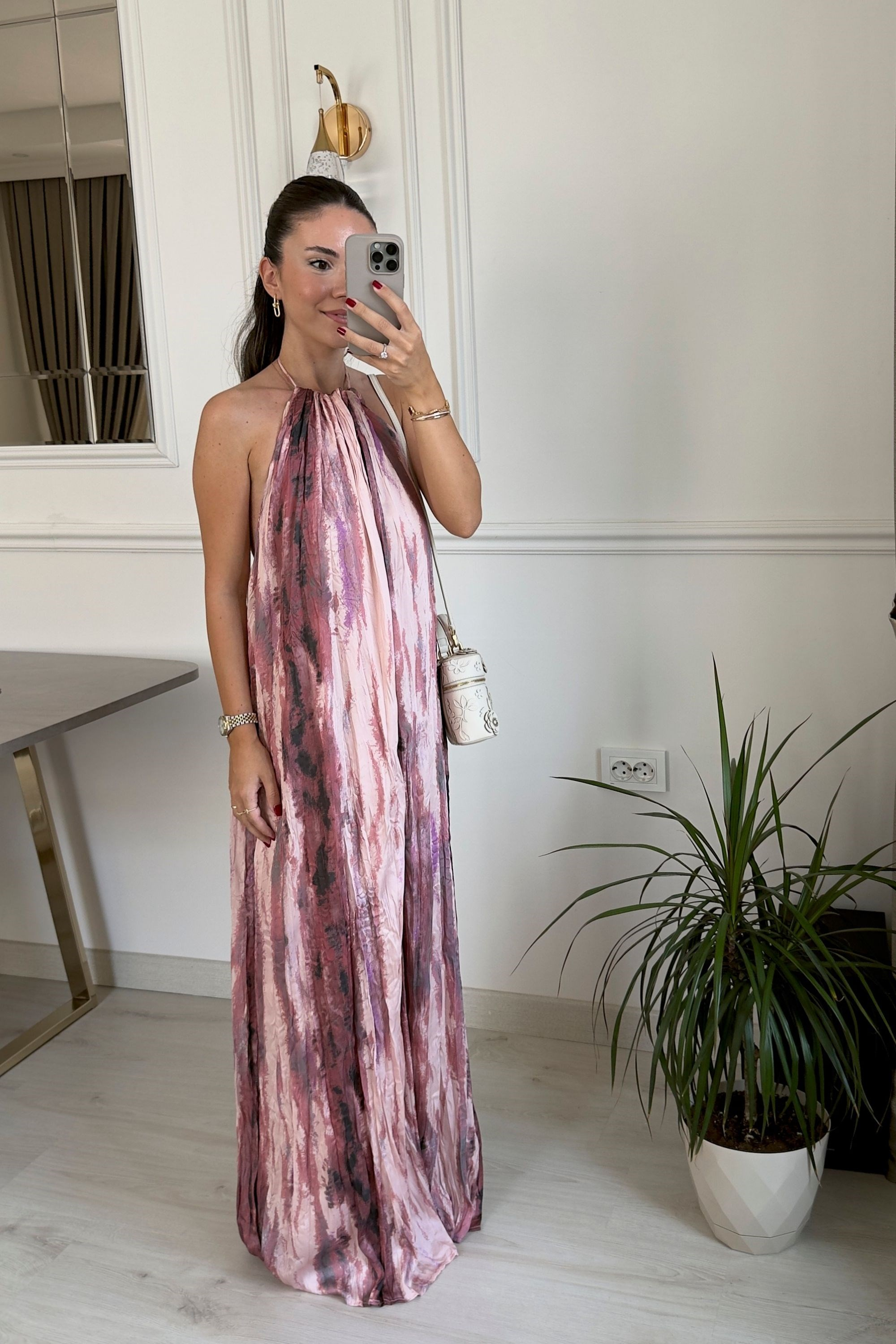 HALTER YAKA DESENLİ ELBİSE - PEMBE