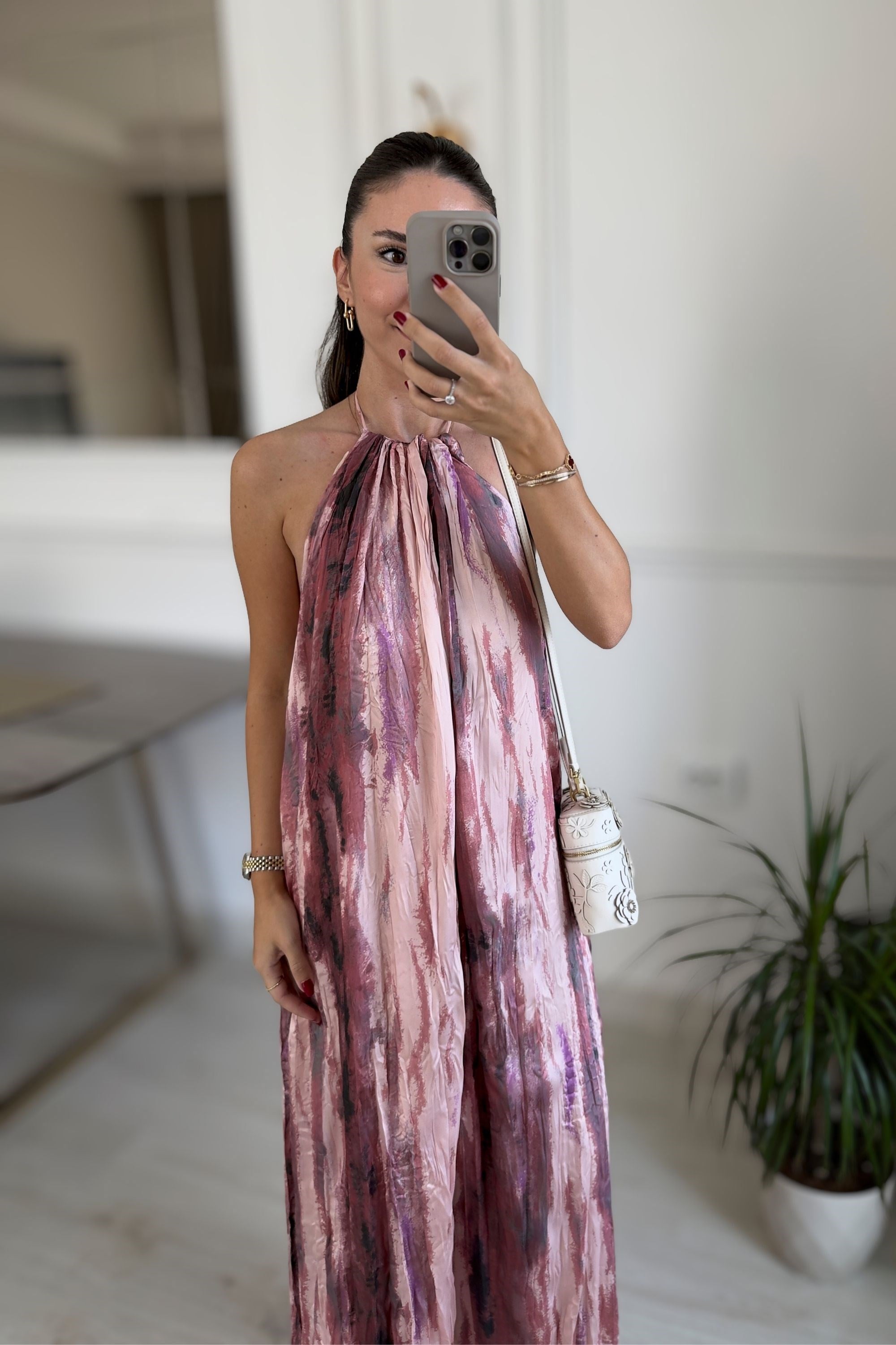 HALTER YAKA DESENLİ ELBİSE - PEMBE