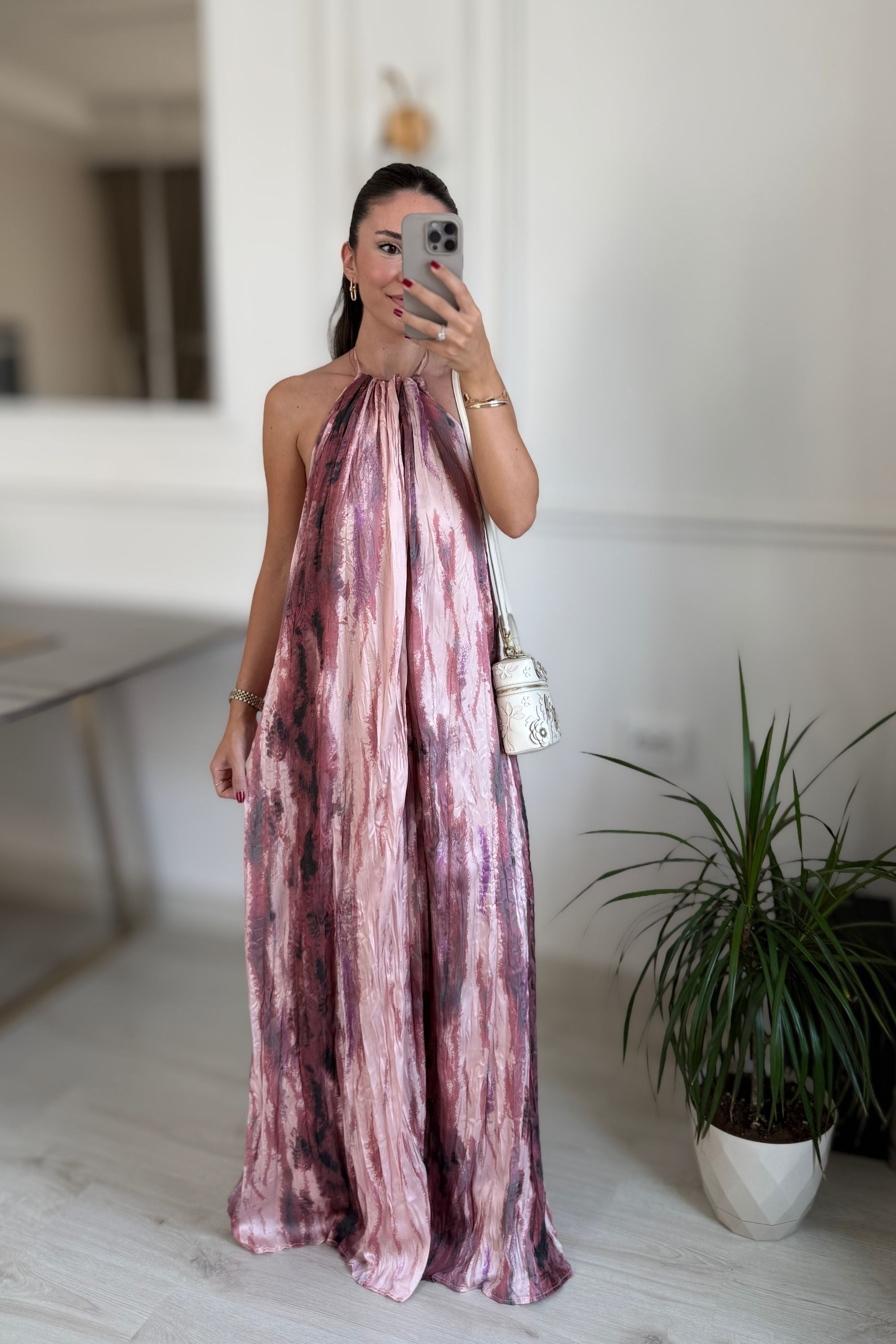 HALTER YAKA DESENLİ ELBİSE - PEMBE