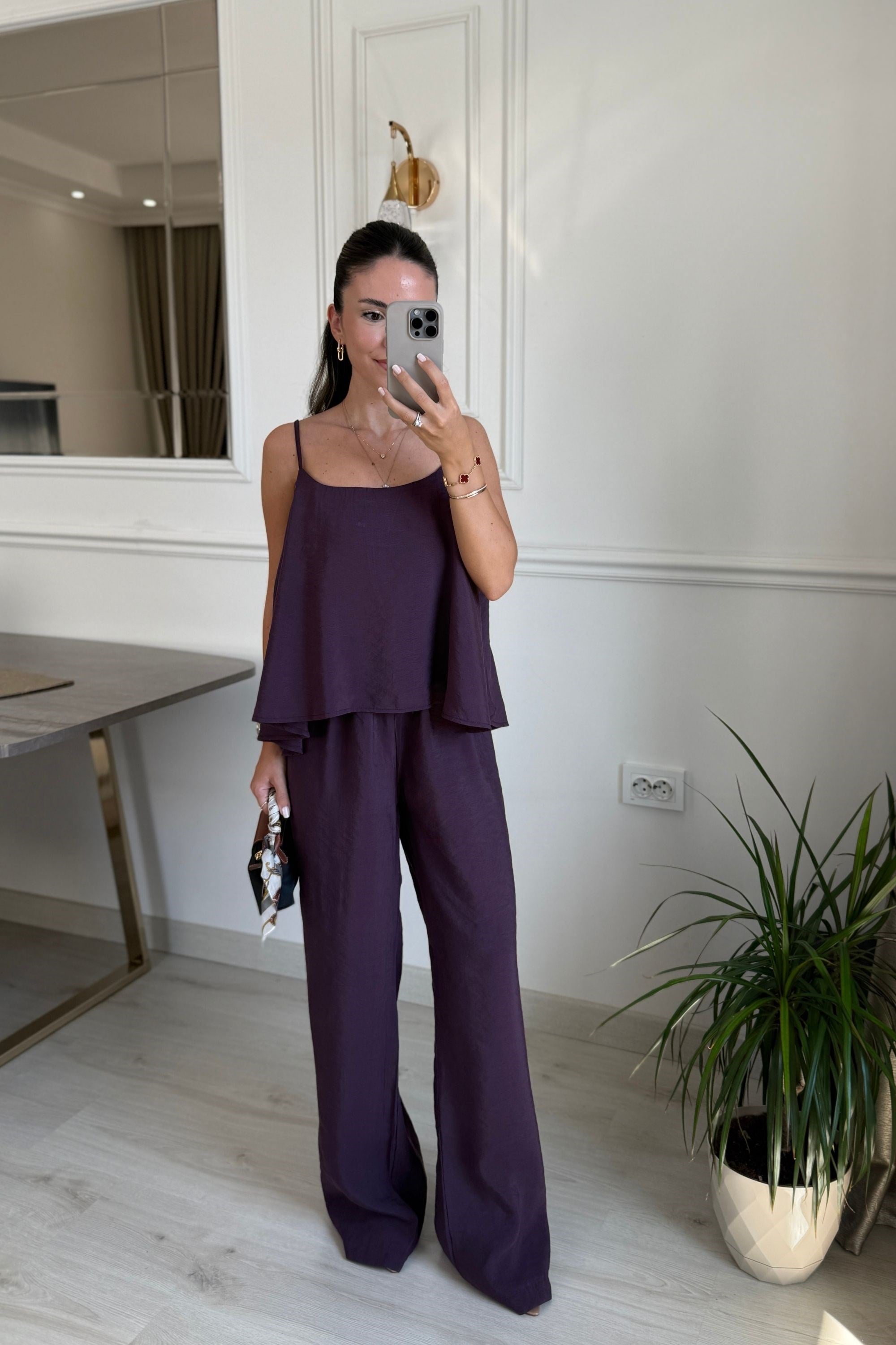 İP ASKILI BLUZ PANTOLON TAKIM - MOR