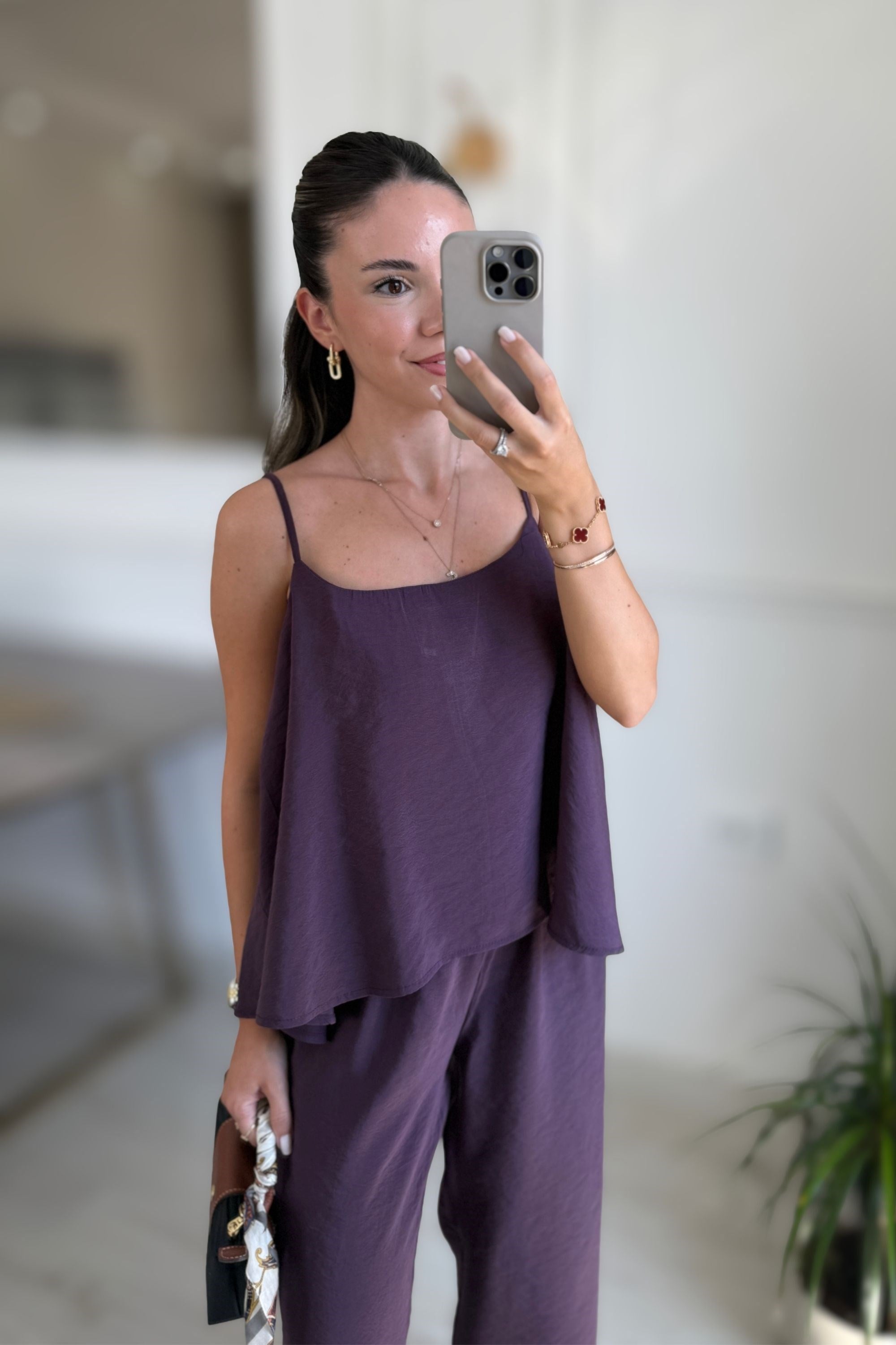 İP ASKILI BLUZ PANTOLON TAKIM - MOR