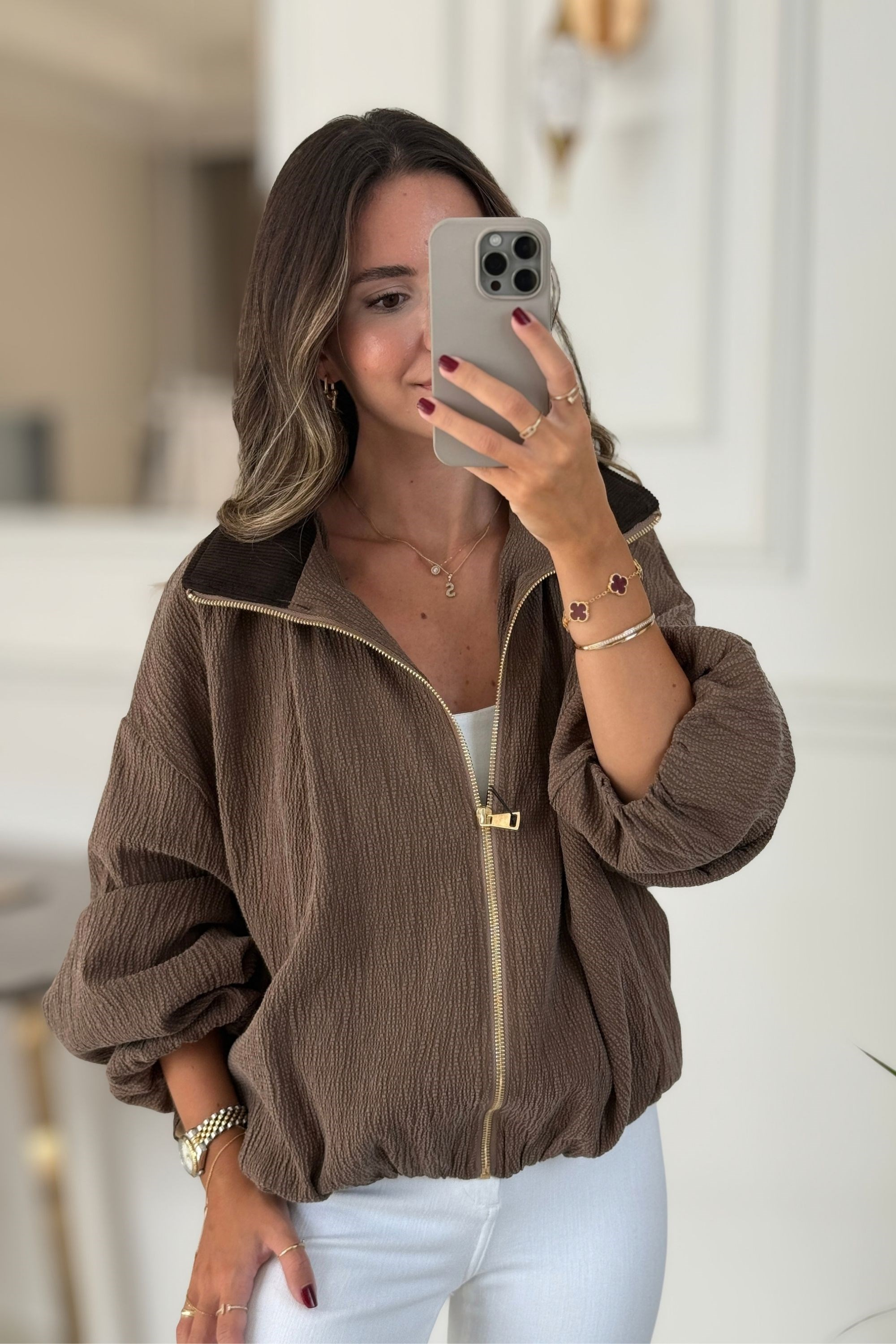 KADİFE YAKA BOMBER MONT - KAHVE