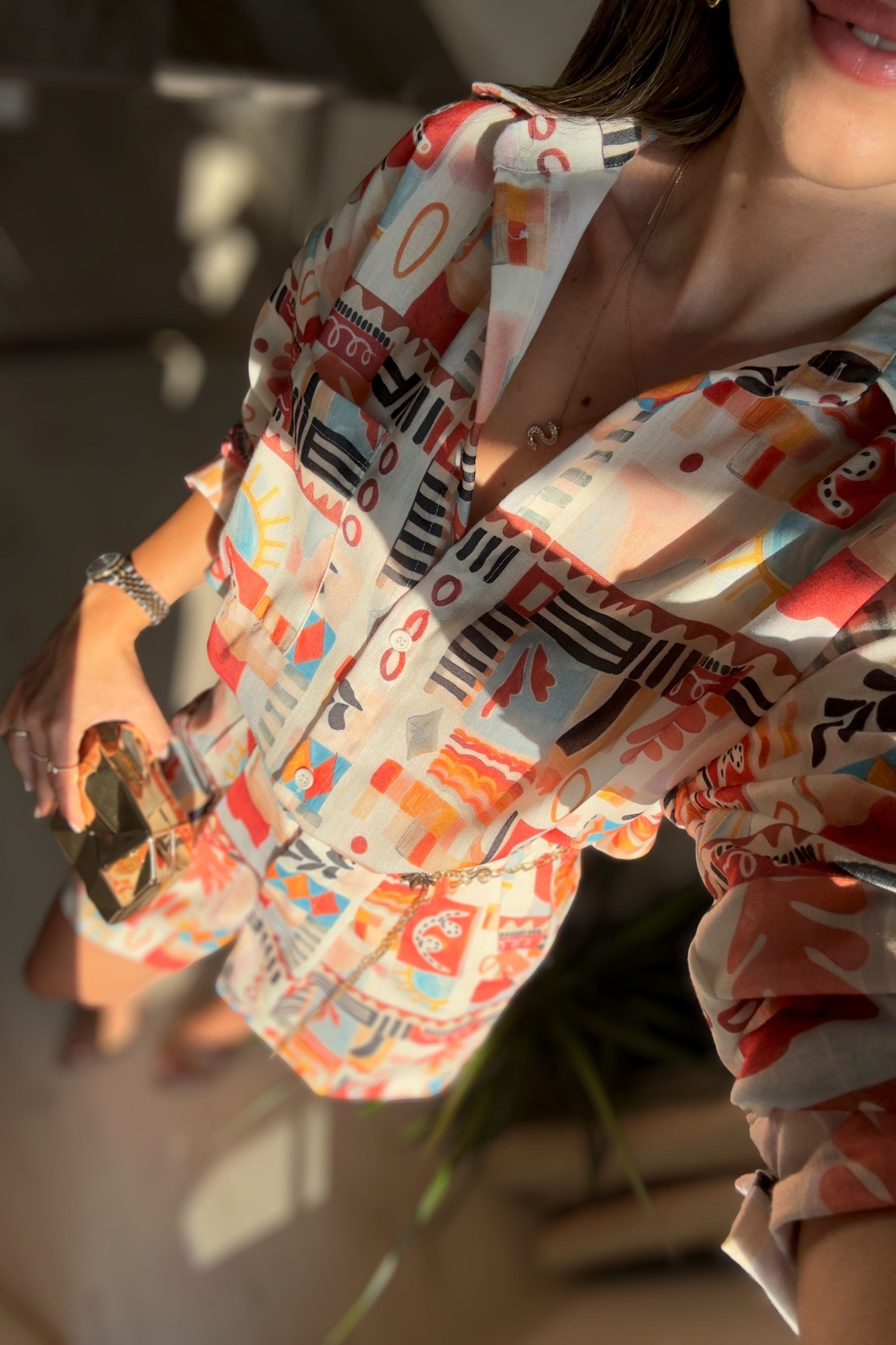 KETEN DOKULU ETNİK DESEN GÖMLEK ŞORT TAKIM - RENKLİ