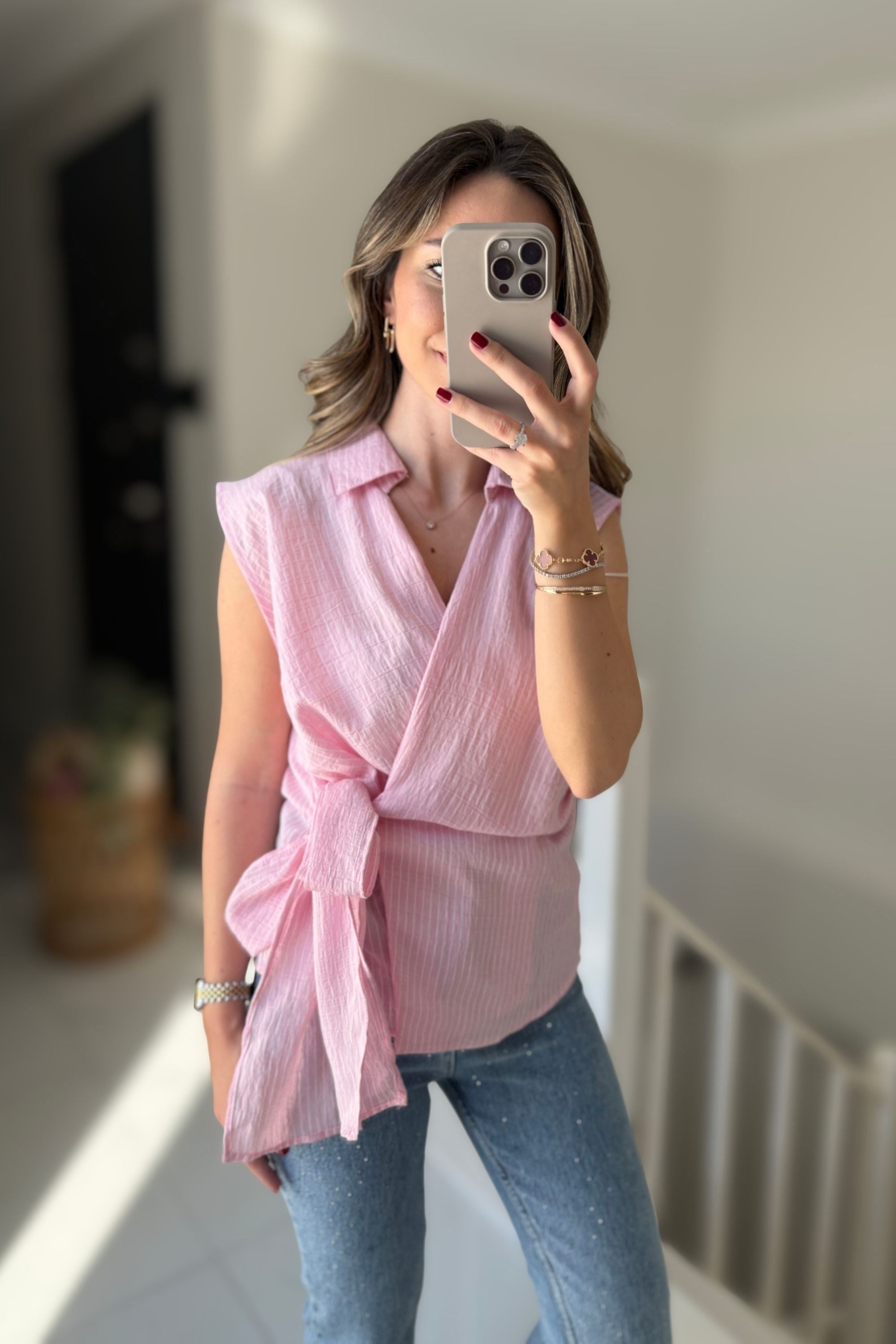 KOLSUZ BAĞLAMALI ÇİZGİLİ BLUZ - PEMBE