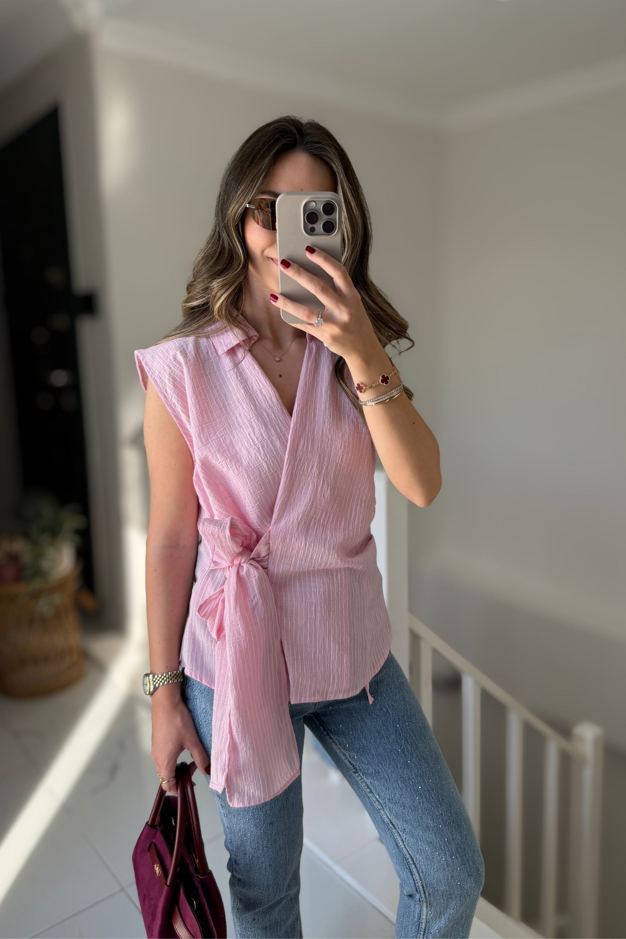 KOLSUZ BAĞLAMALI ÇİZGİLİ BLUZ - PEMBE