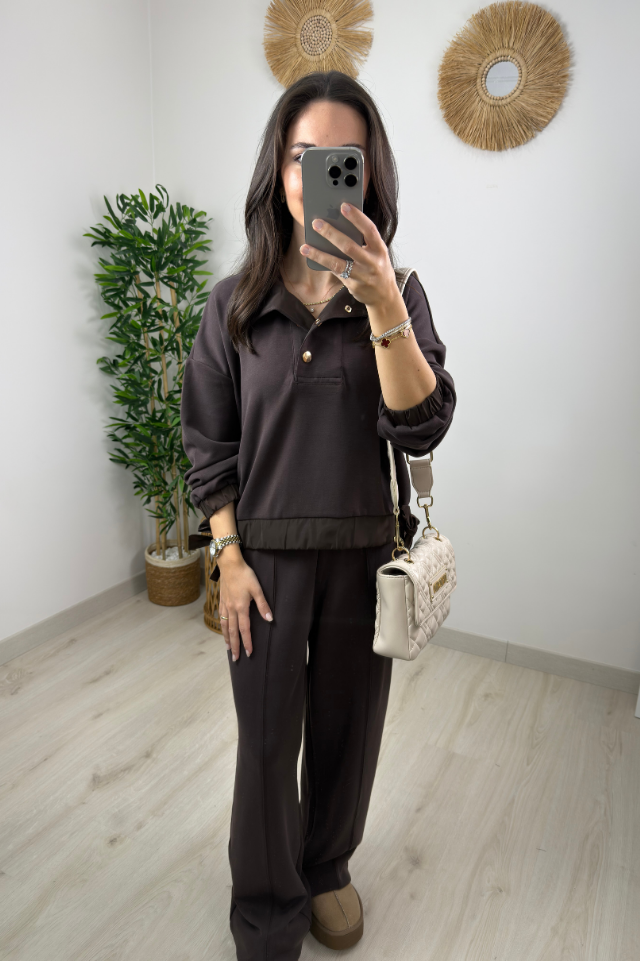 ORJ. MARKA GOLD DÜĞMELİ MODAL TAKIM - KAHVE