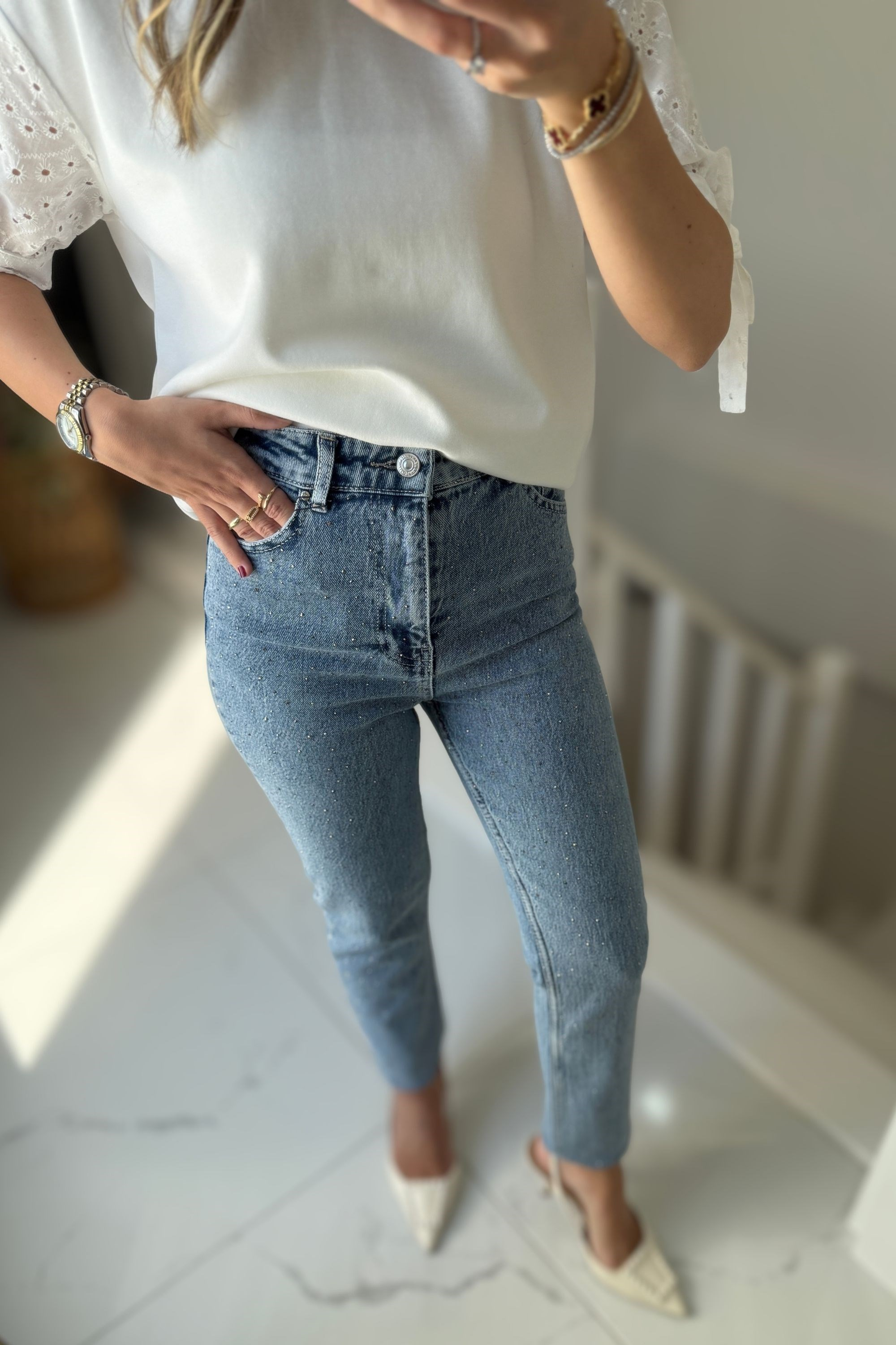 TAŞLI KESİK PAÇA JEAN - MAVİ