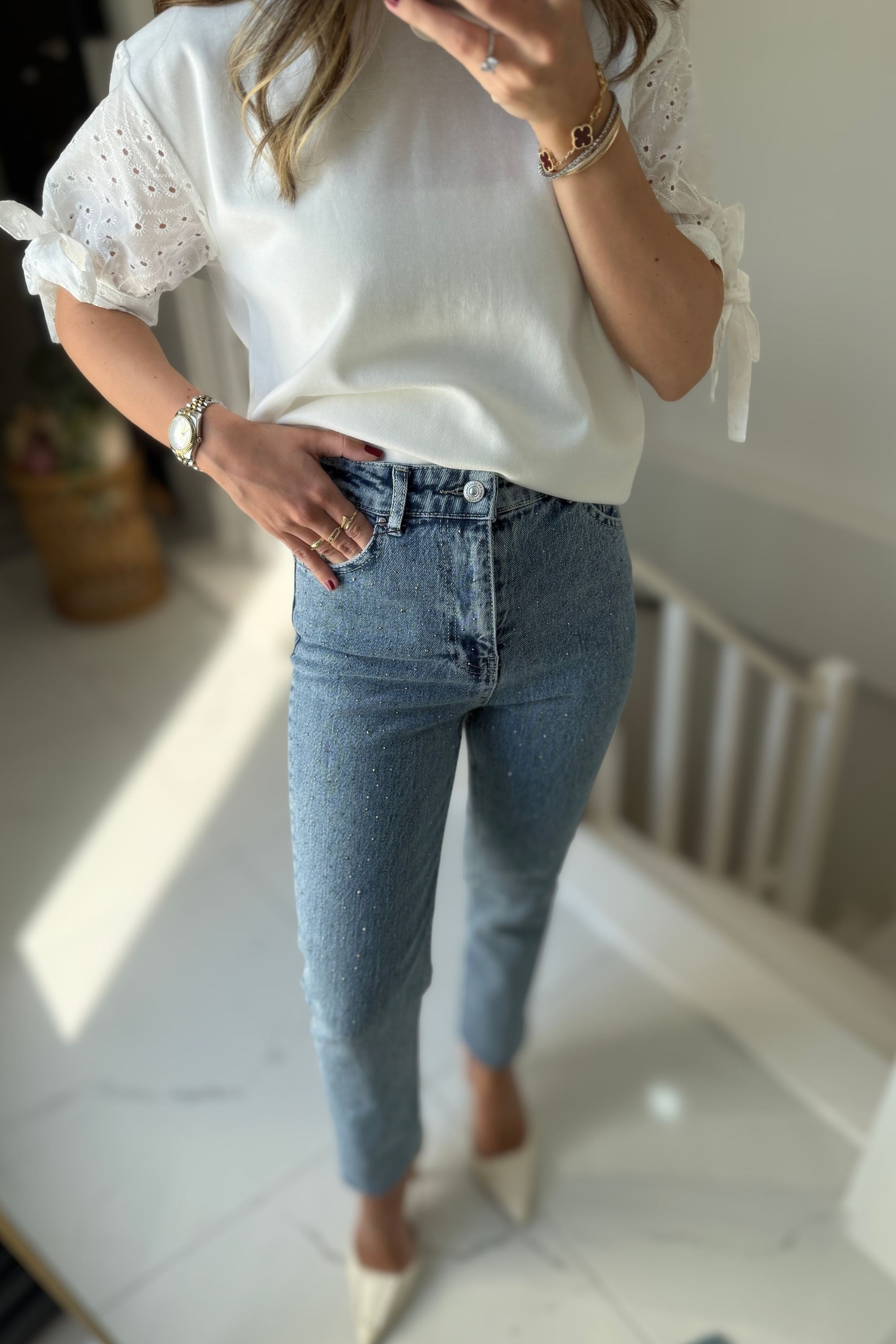 TAŞLI KESİK PAÇA JEAN - MAVİ