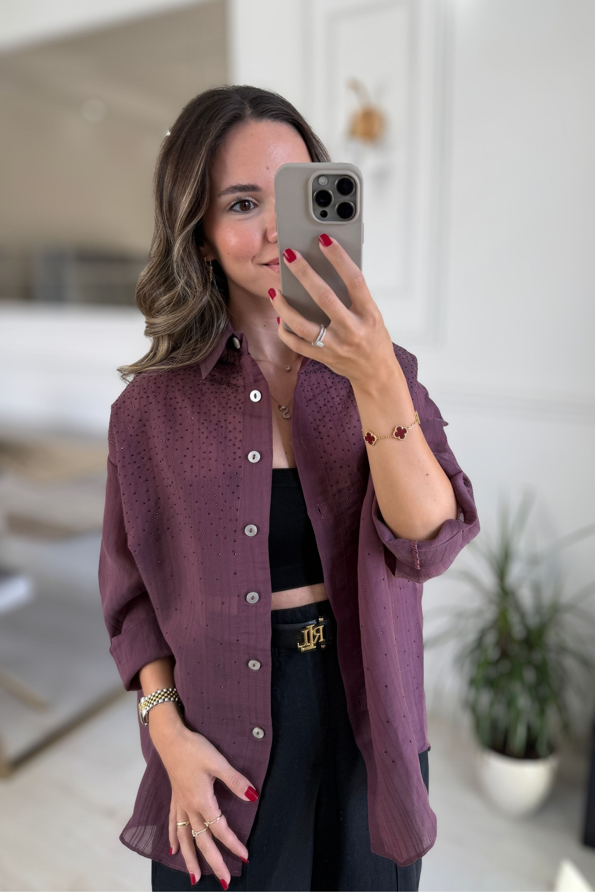 TAŞLI OVERSİZE GÖMLEK - BORDO