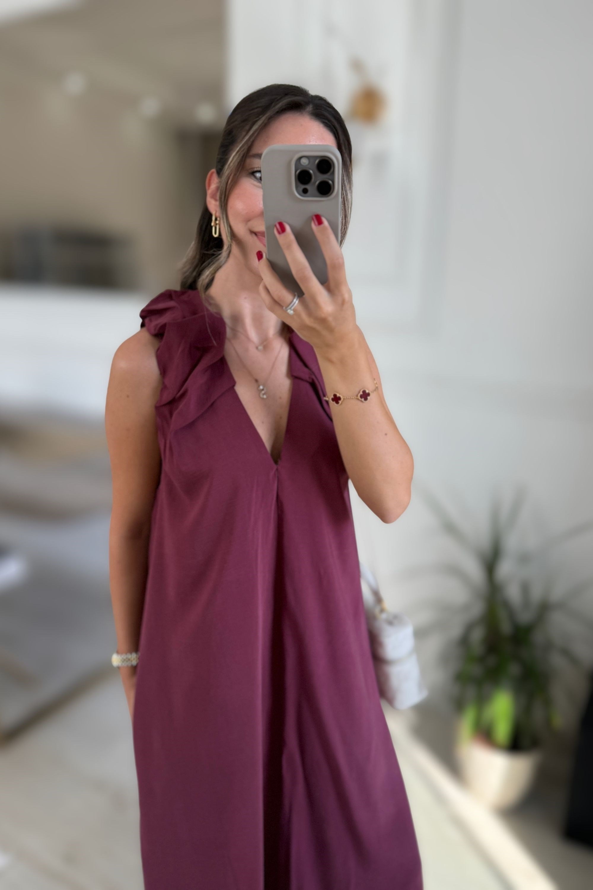 V YAKA TENSEL ELBİSE - BORDO