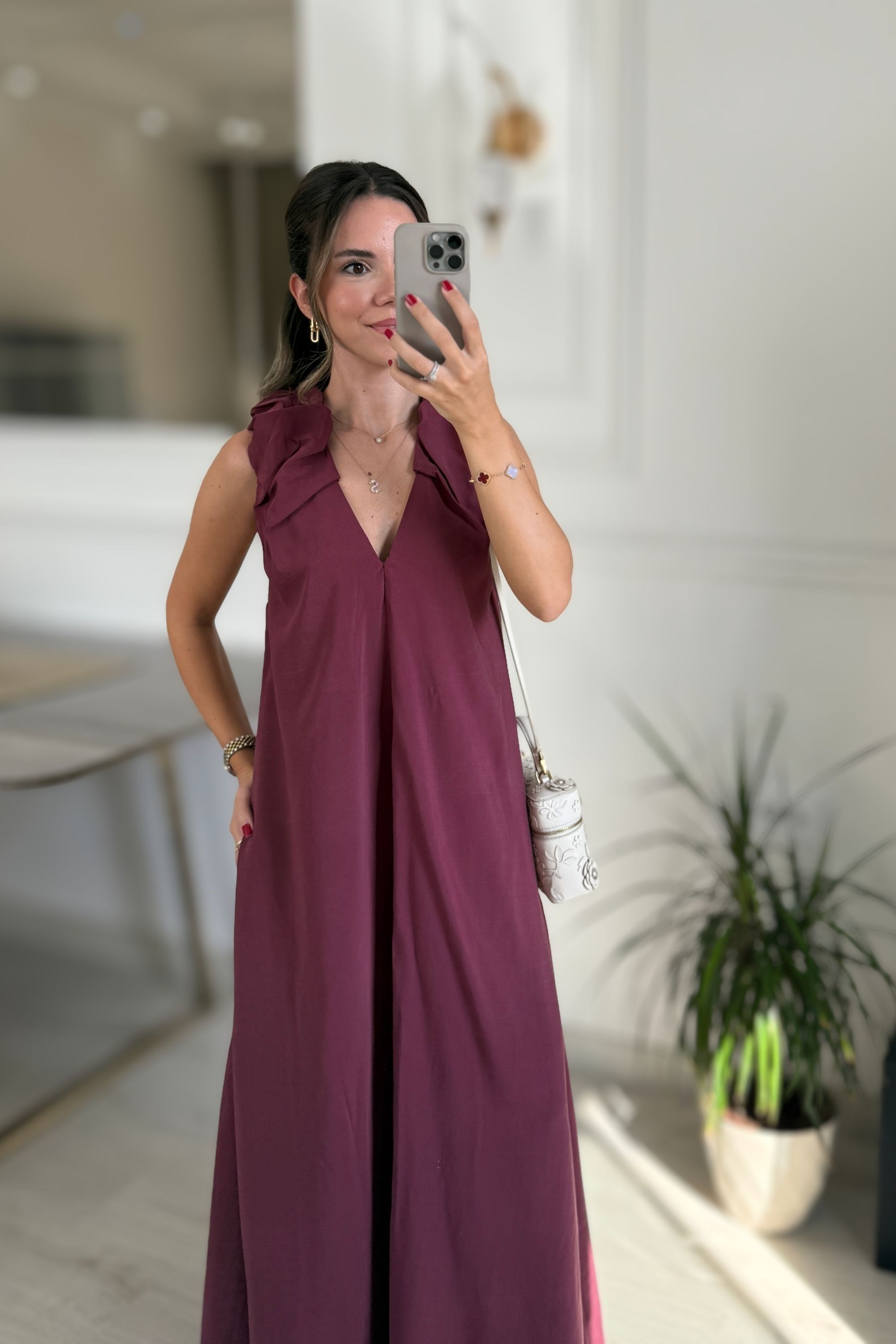 V YAKA TENSEL ELBİSE - BORDO
