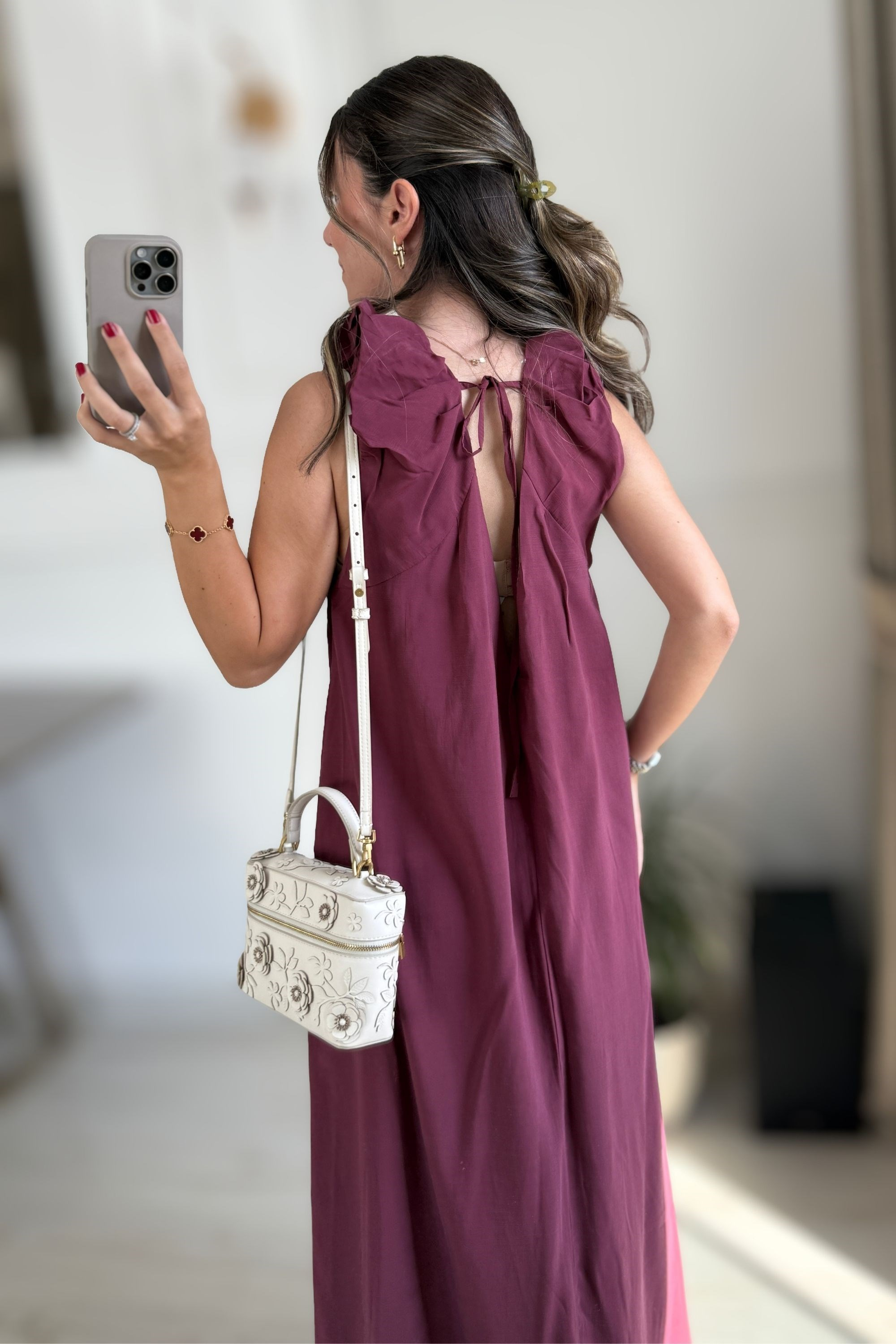 V YAKA TENSEL ELBİSE - BORDO