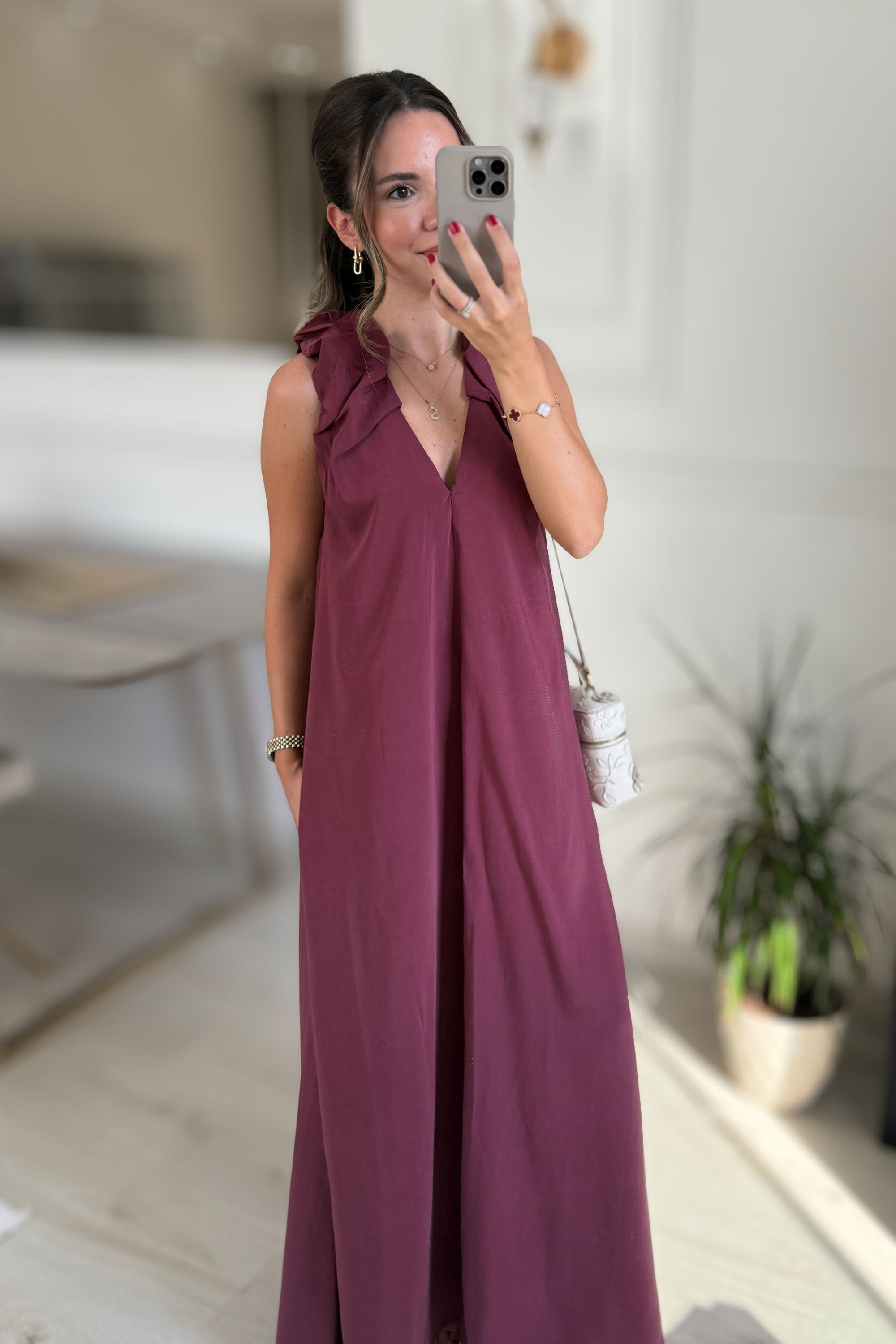 V YAKA TENSEL ELBİSE - BORDO