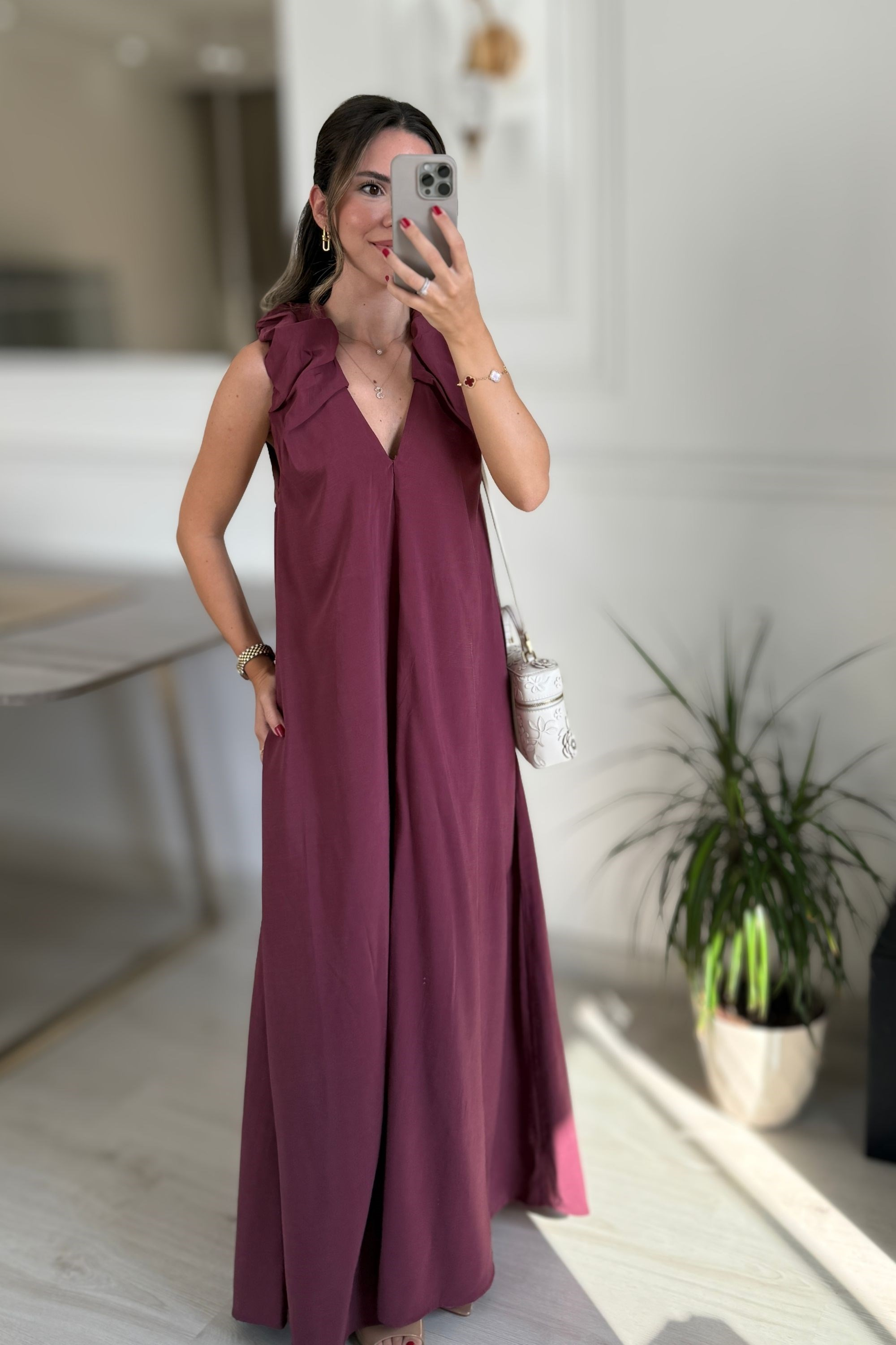 V YAKA TENSEL ELBİSE - BORDO