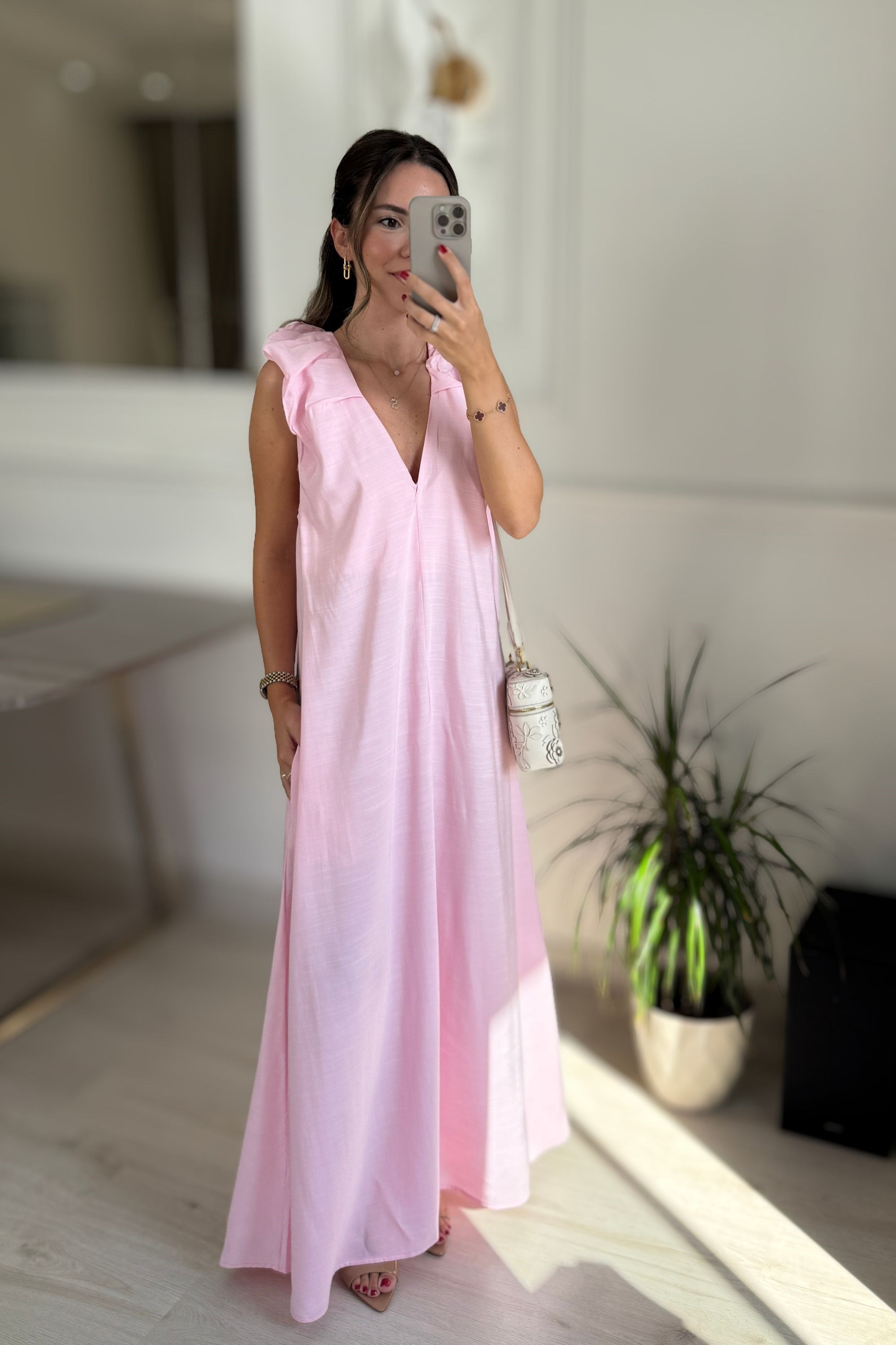 V YAKA TENSEL ELBİSE - PEMBE