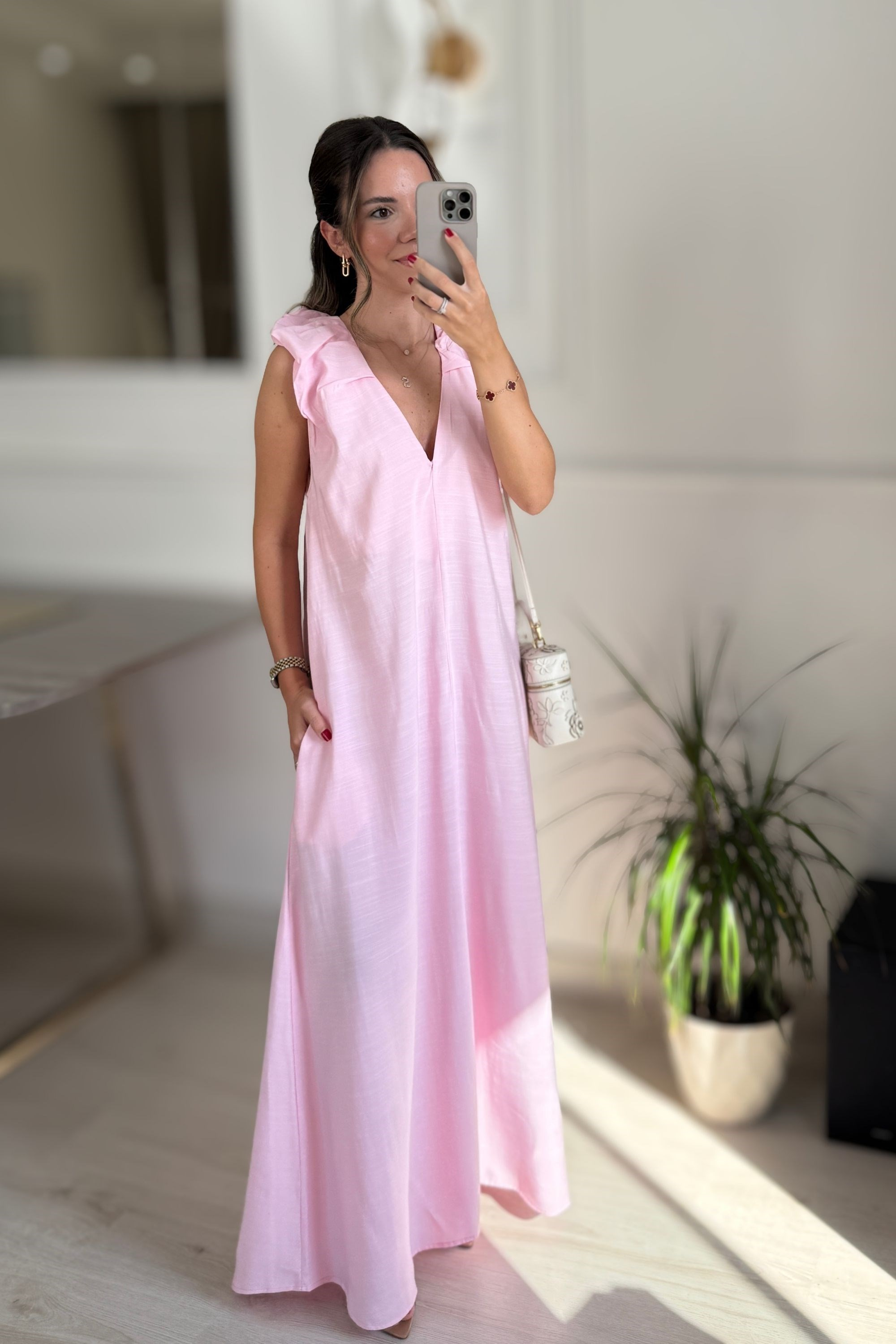 V YAKA TENSEL ELBİSE - PEMBE