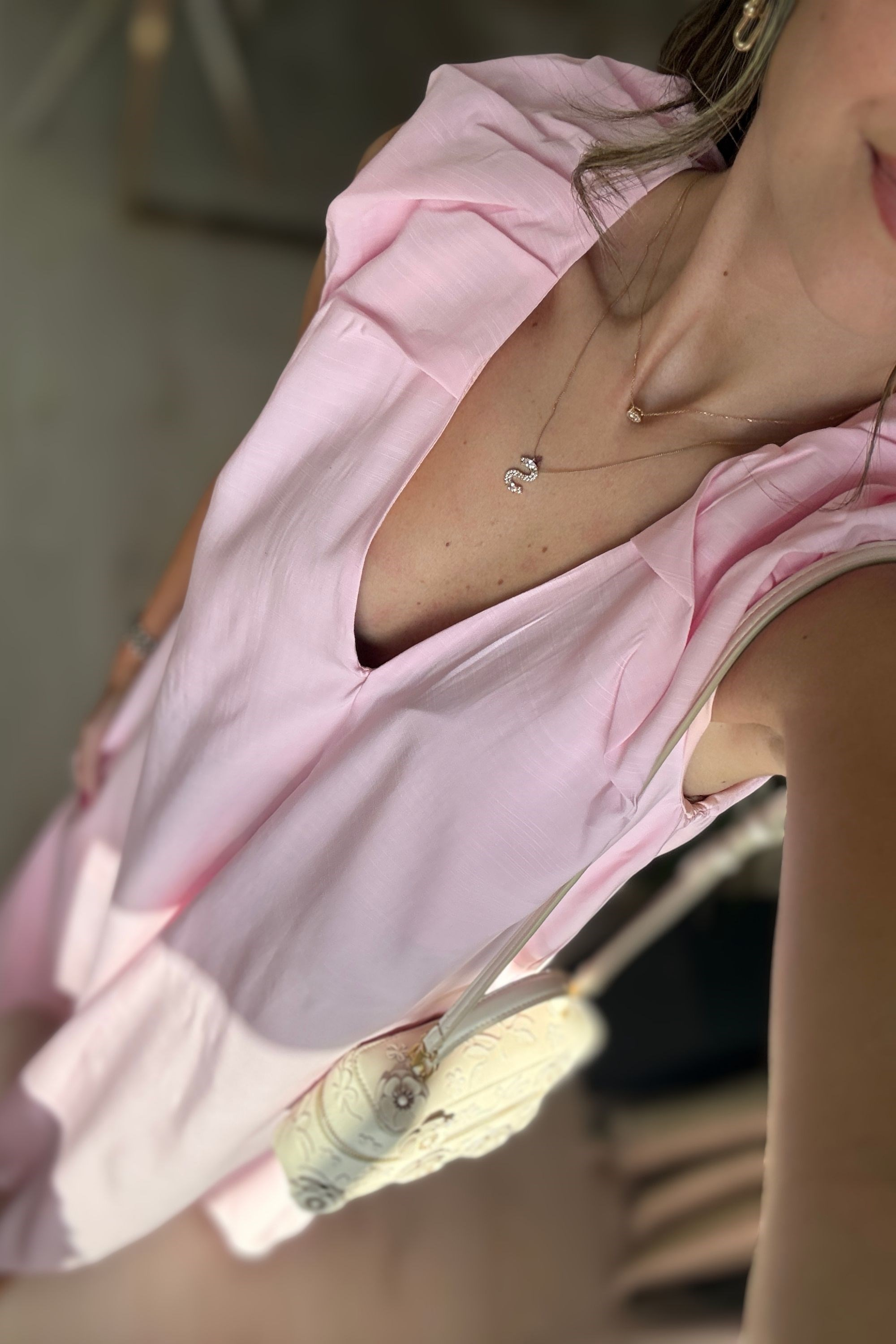 V YAKA TENSEL ELBİSE - PEMBE