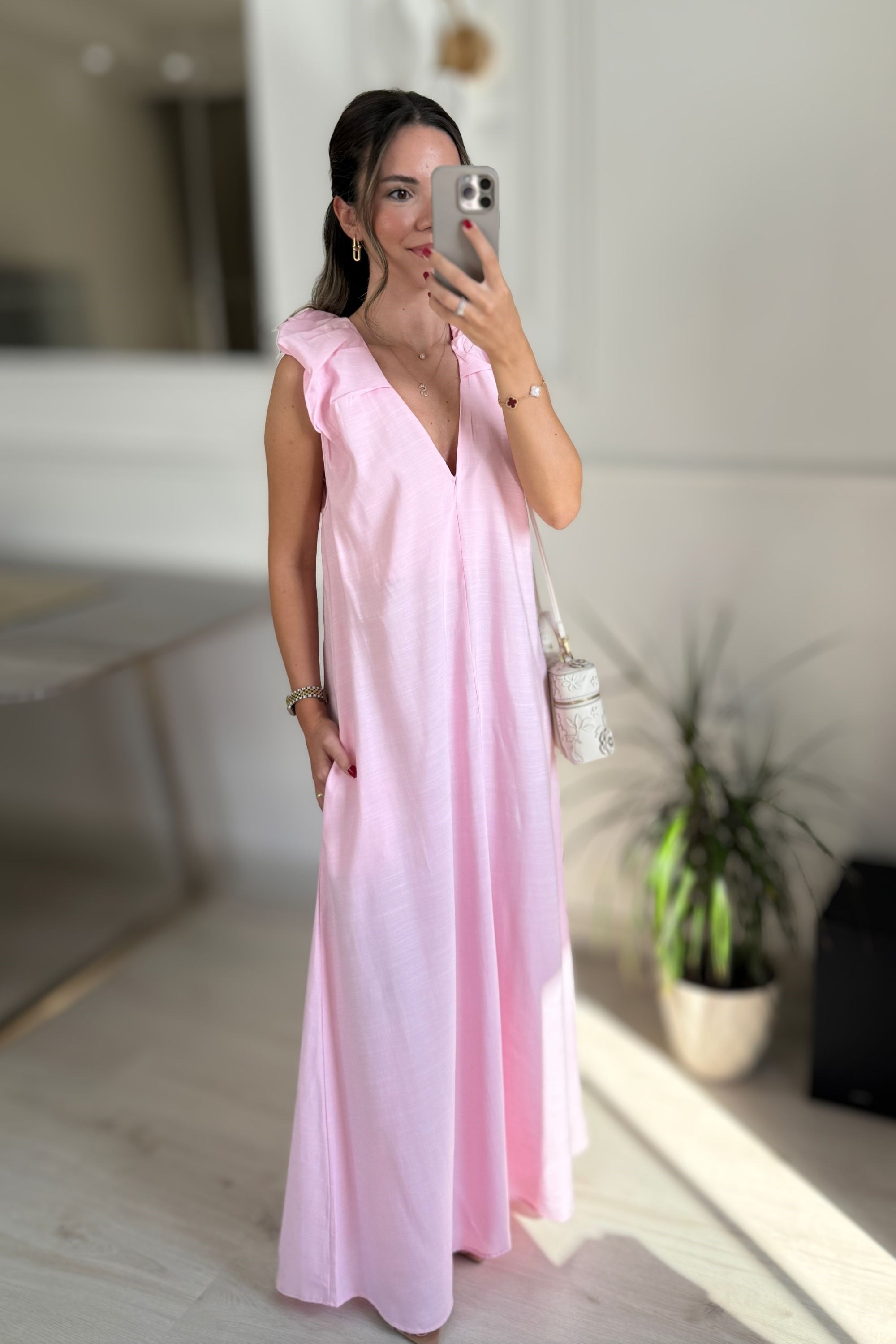 V YAKA TENSEL ELBİSE - PEMBE