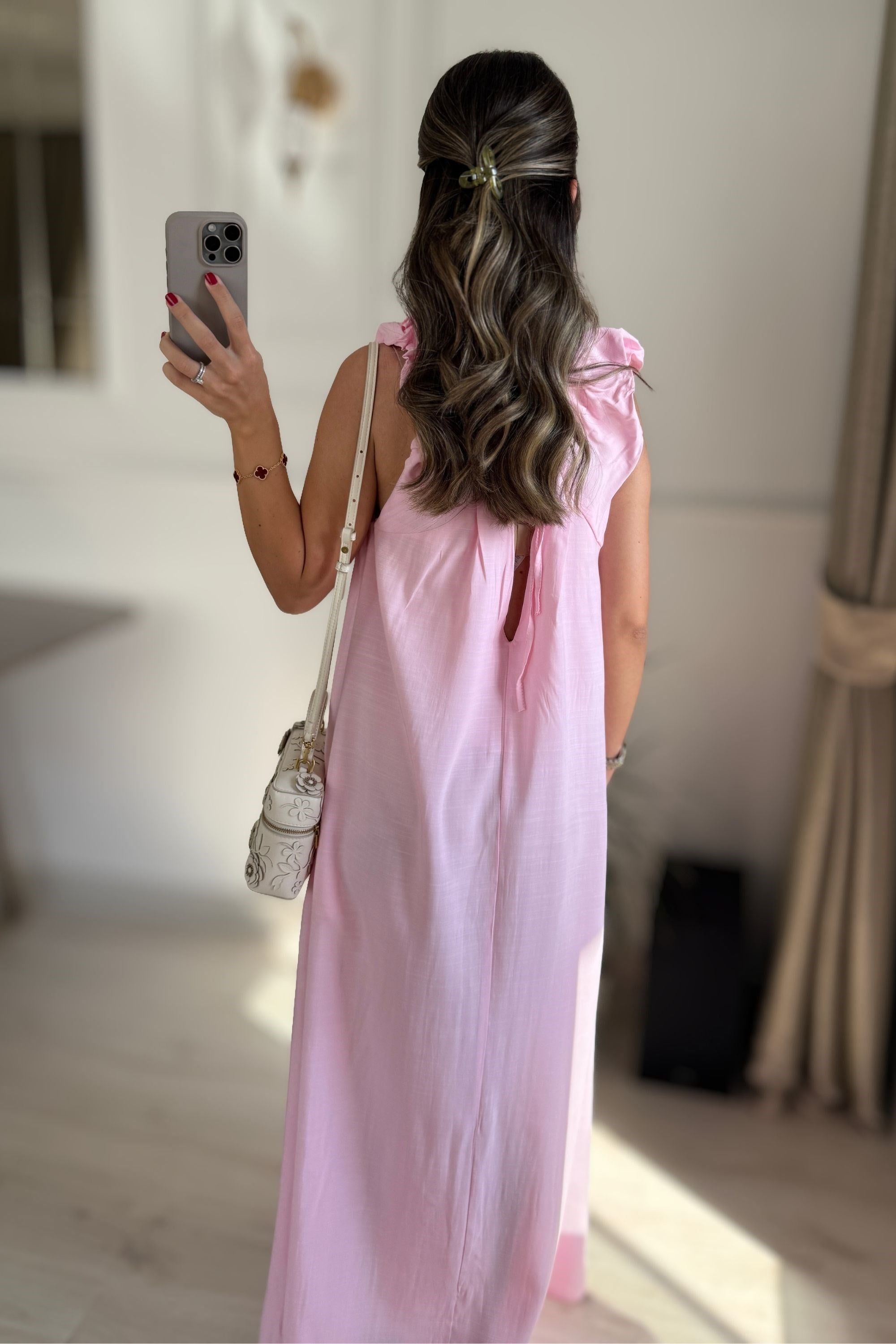 V YAKA TENSEL ELBİSE - PEMBE