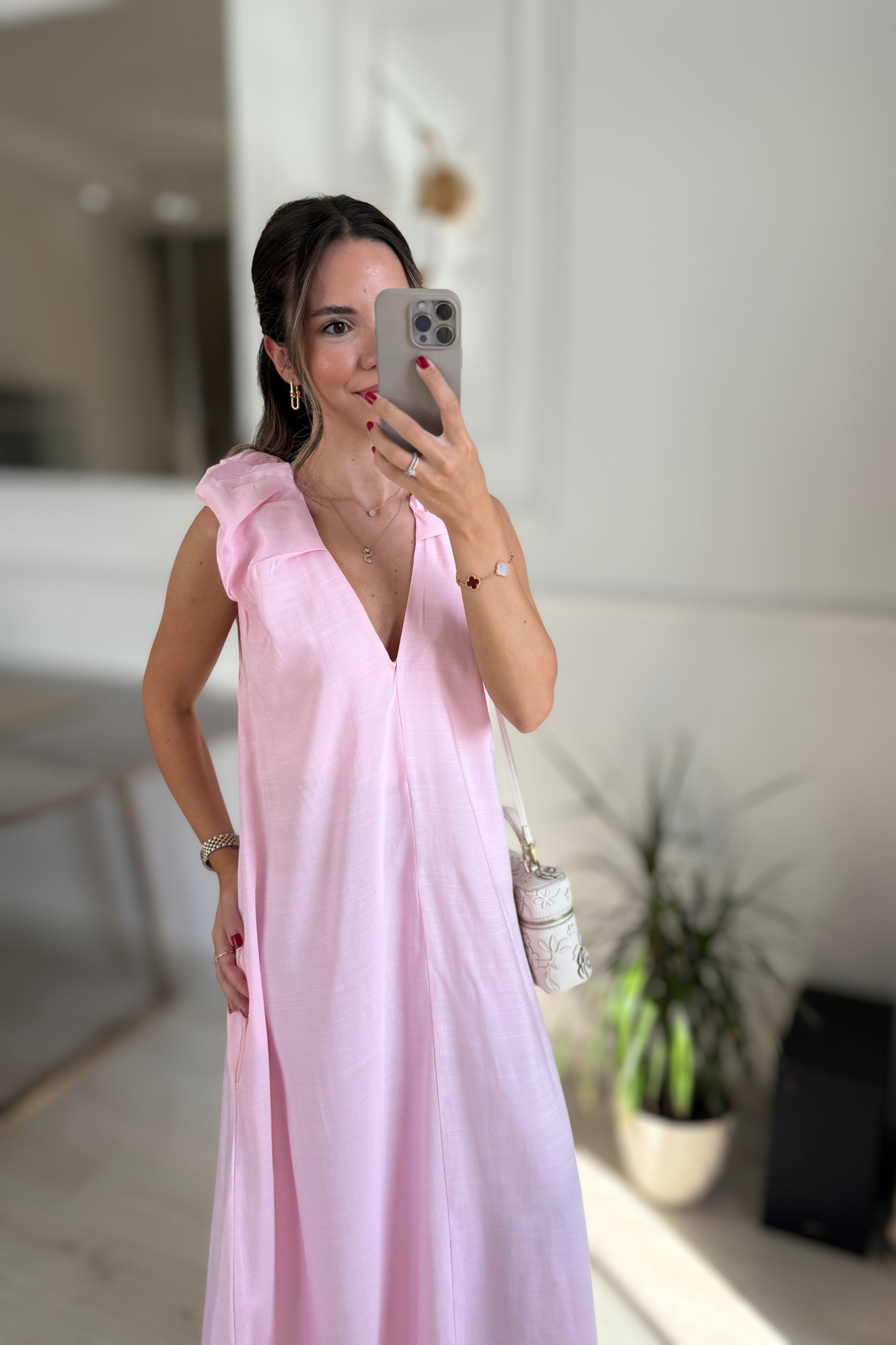 V YAKA TENSEL ELBİSE - PEMBE