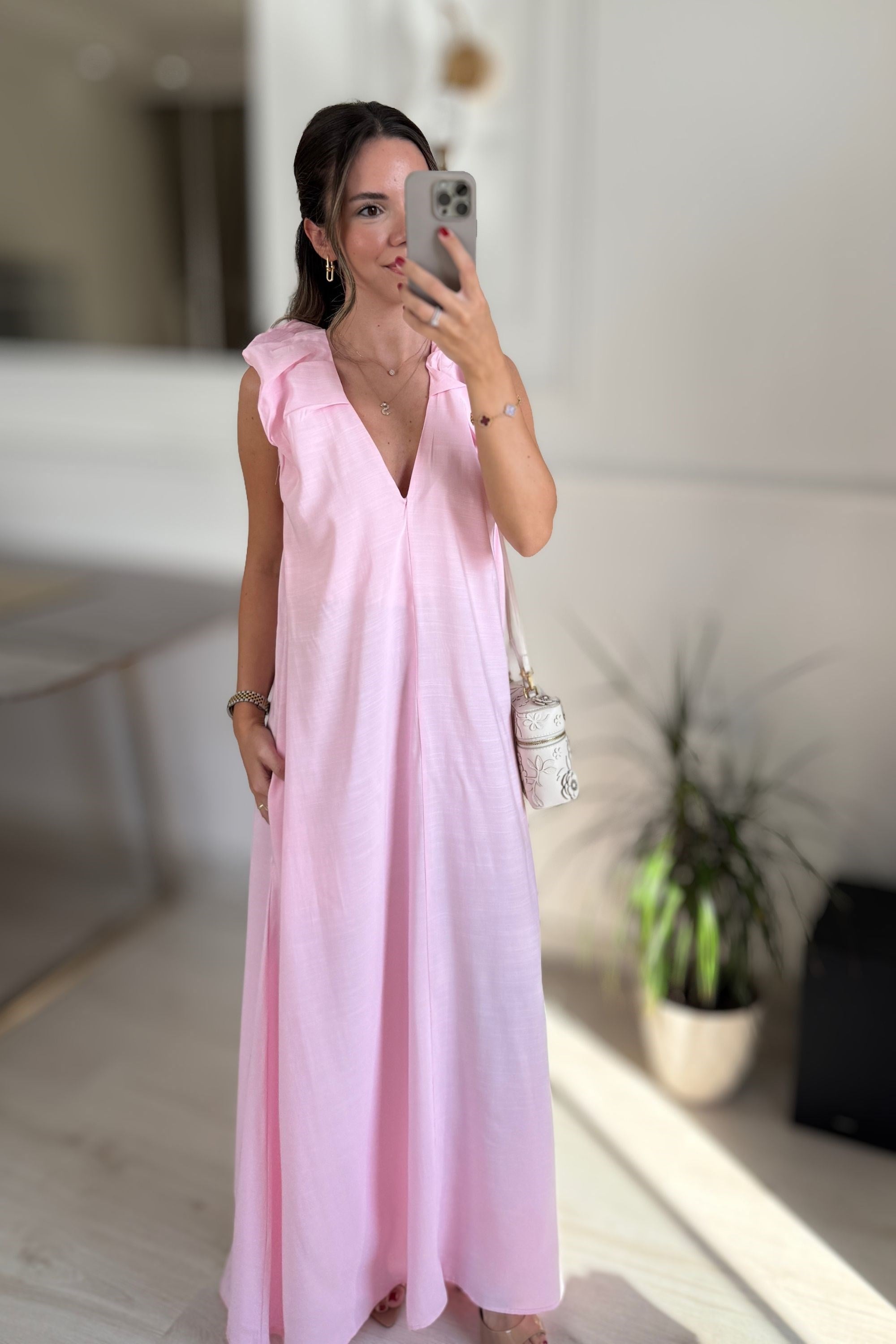 V YAKA TENSEL ELBİSE - PEMBE