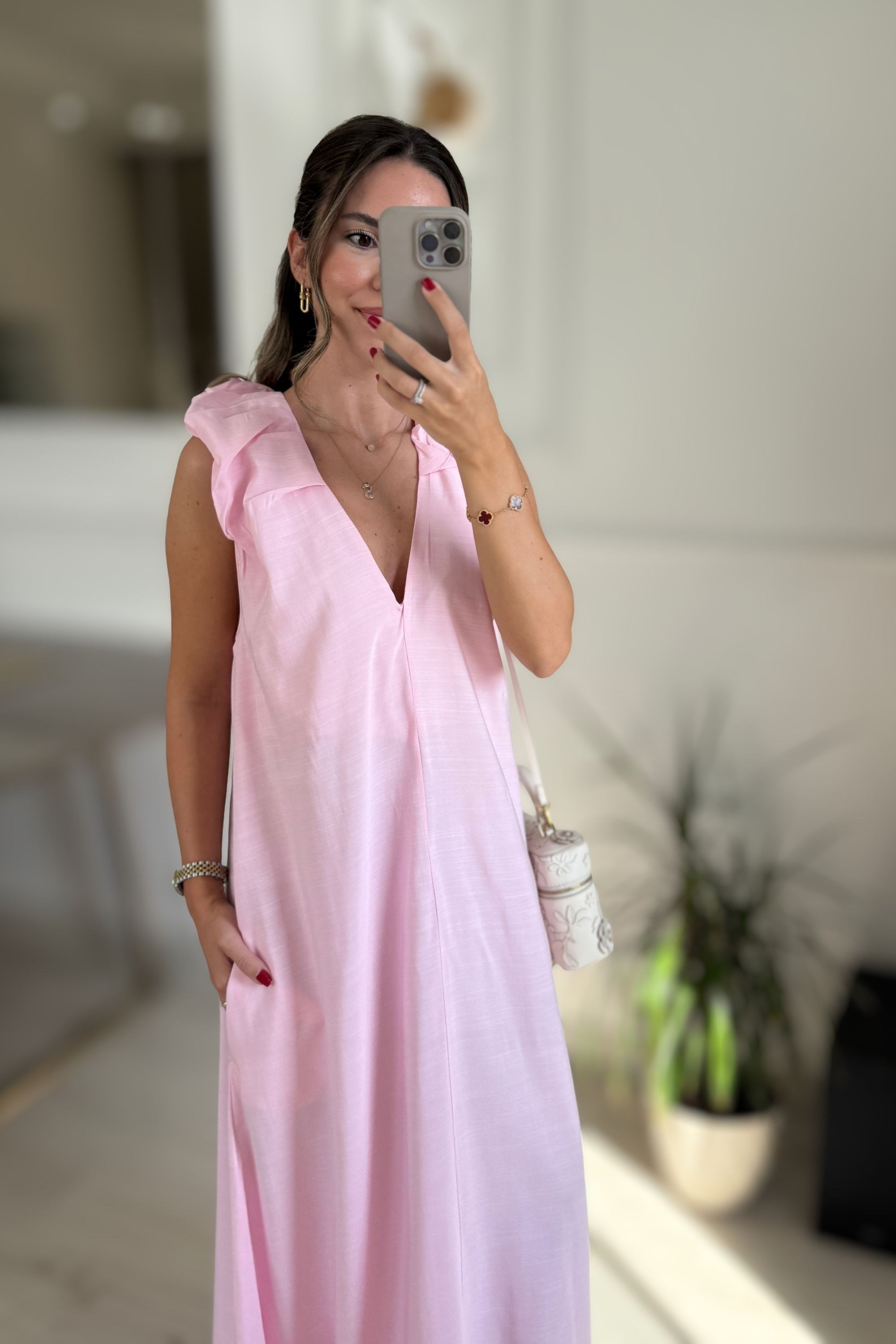 V YAKA TENSEL ELBİSE - PEMBE