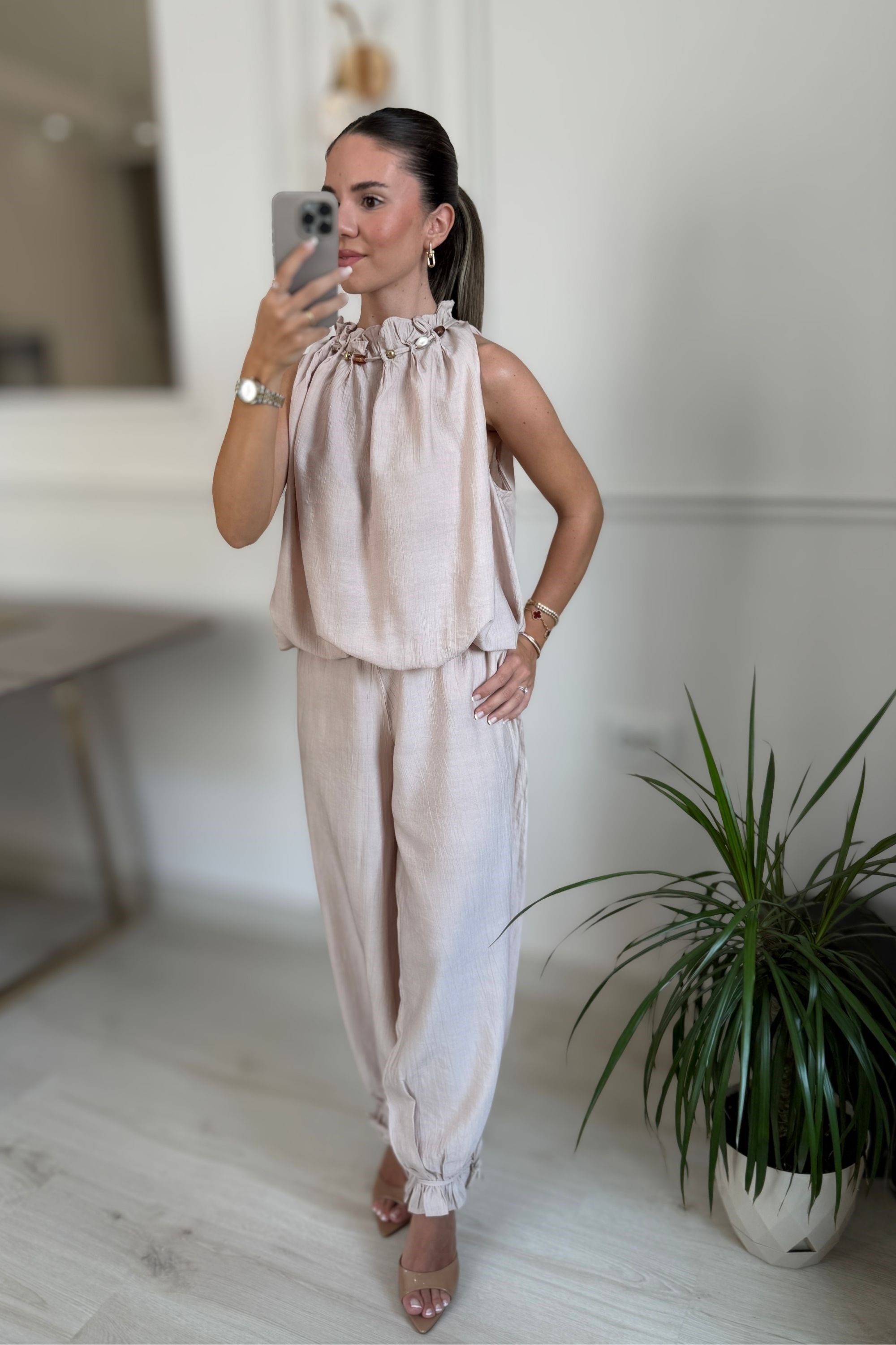 YAKA BONCUKLU BLUZ PANTOLON TAKIM - BEJ