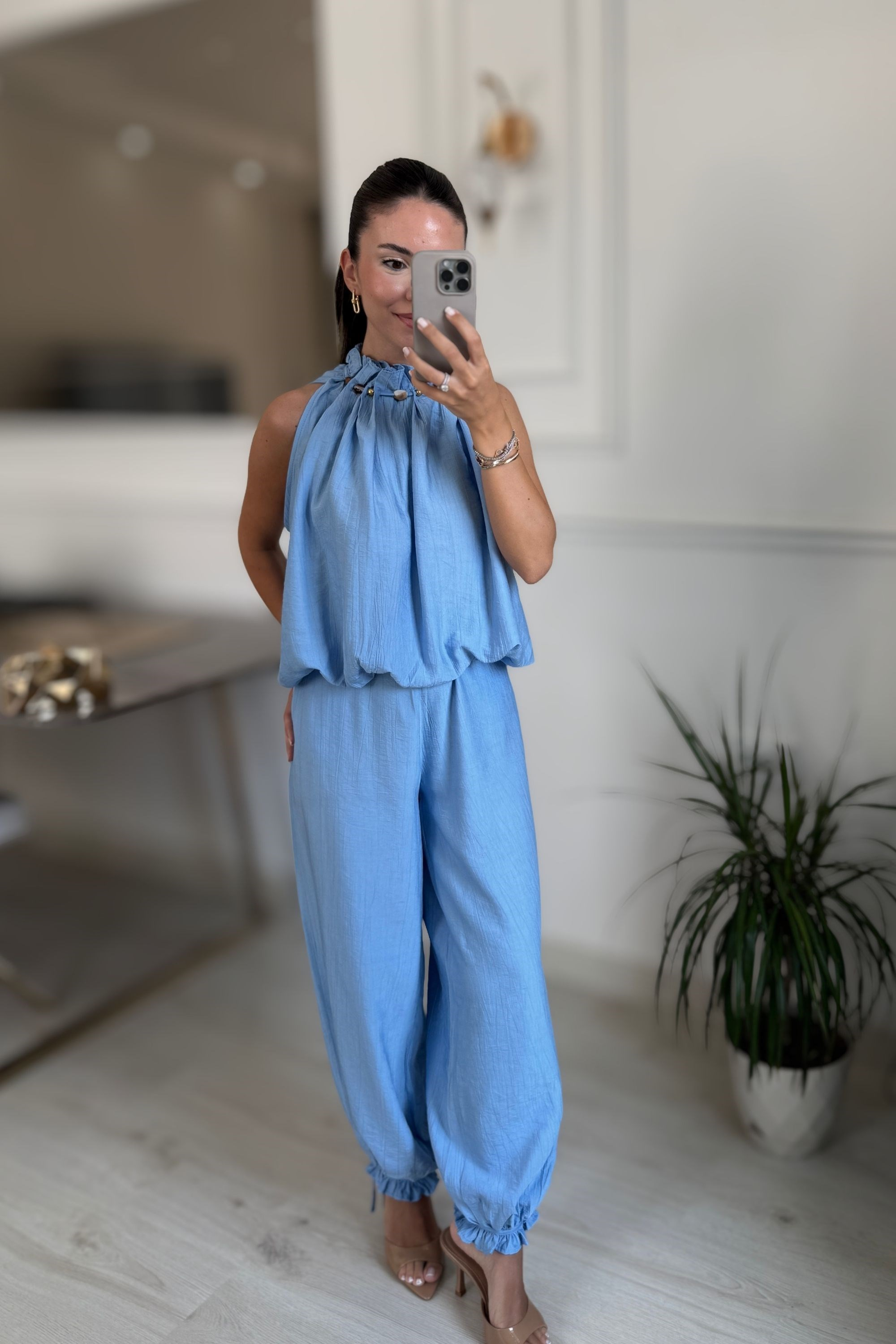 YAKA BONCUKLU BLUZ PANTOLON TAKIM - MAVİ