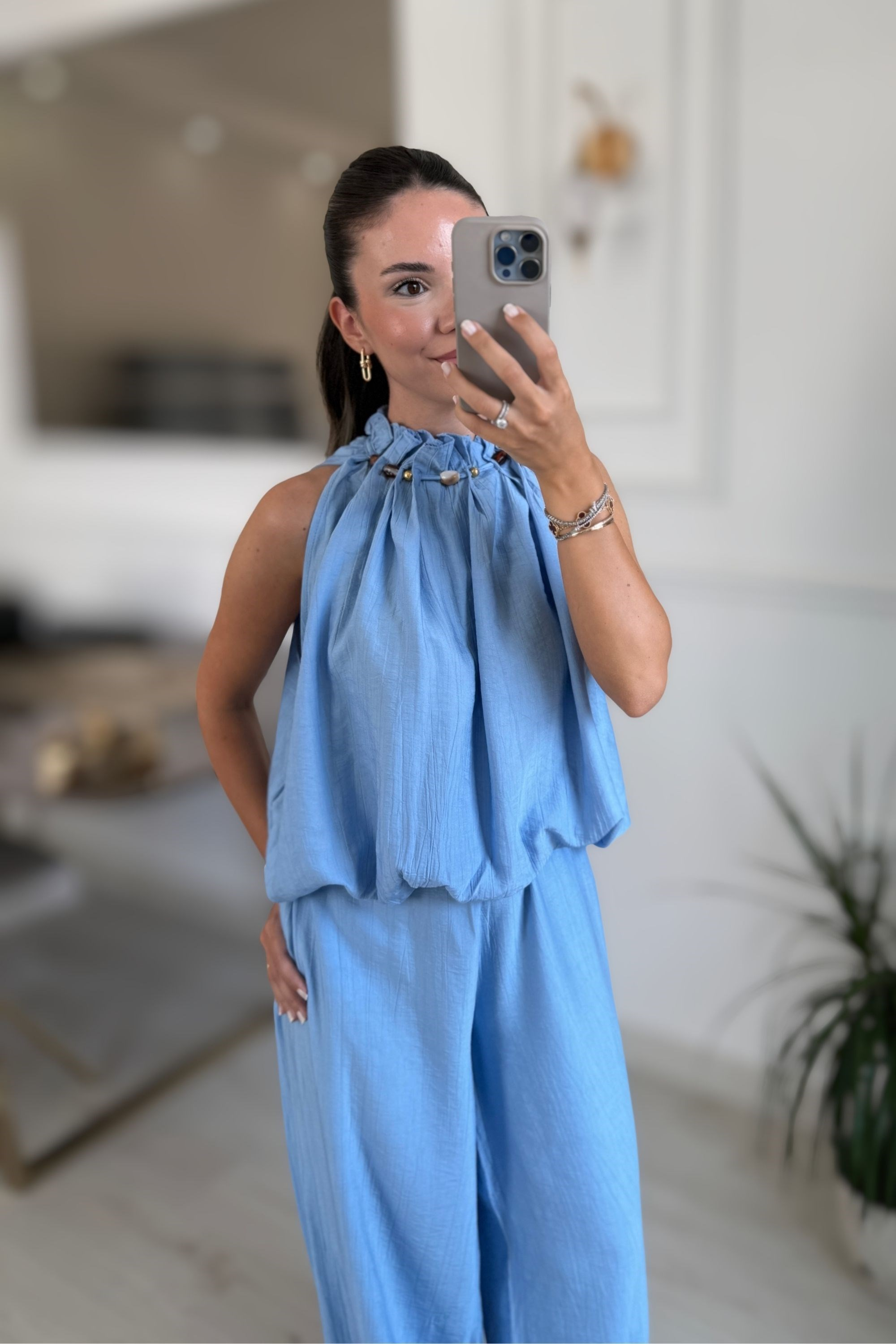 YAKA BONCUKLU BLUZ PANTOLON TAKIM - MAVİ