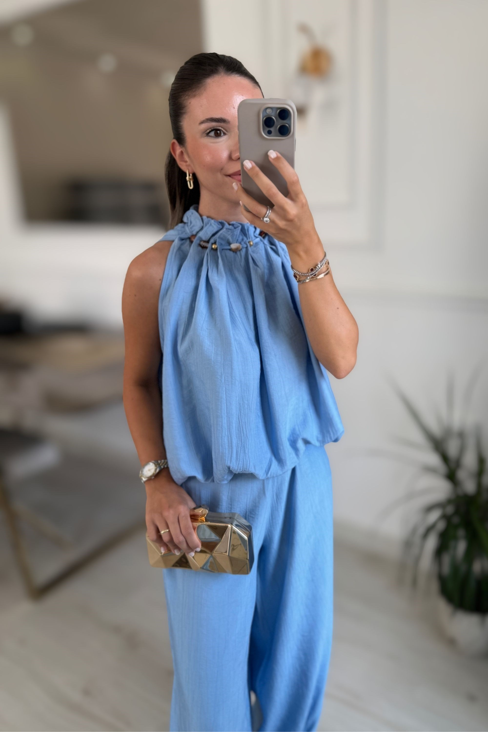 YAKA BONCUKLU BLUZ PANTOLON TAKIM - MAVİ
