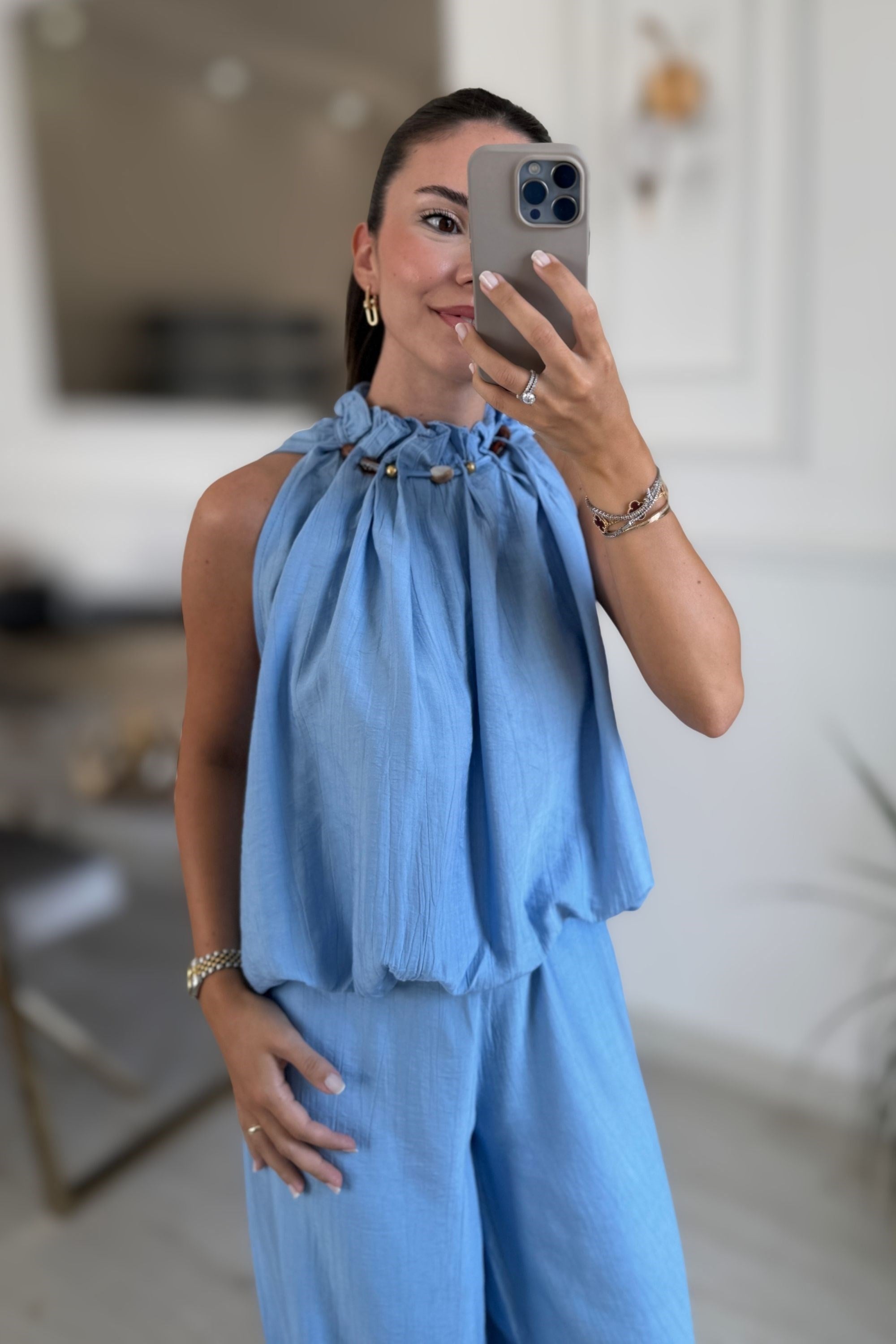 YAKA BONCUKLU BLUZ PANTOLON TAKIM - MAVİ