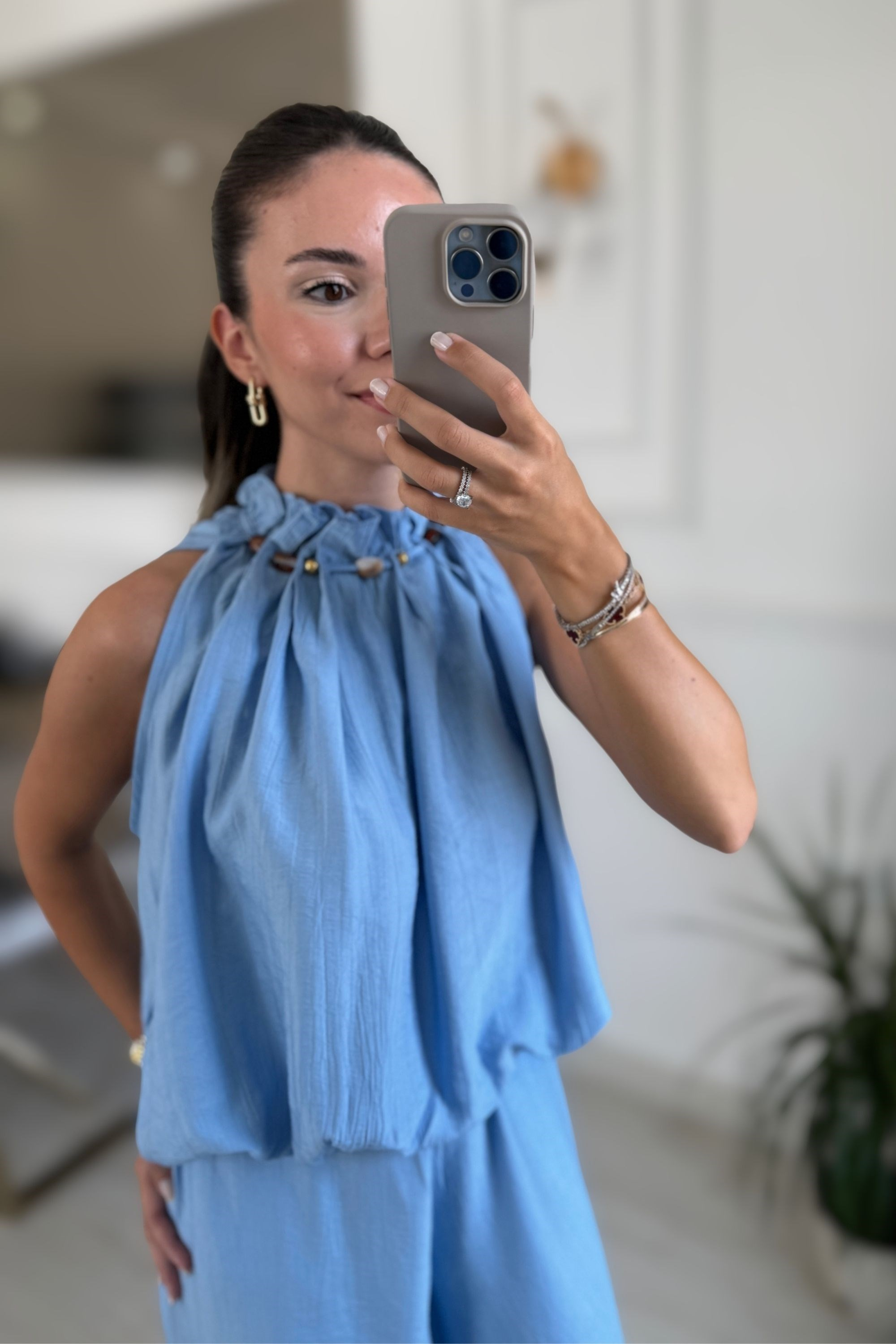 YAKA BONCUKLU BLUZ PANTOLON TAKIM - MAVİ