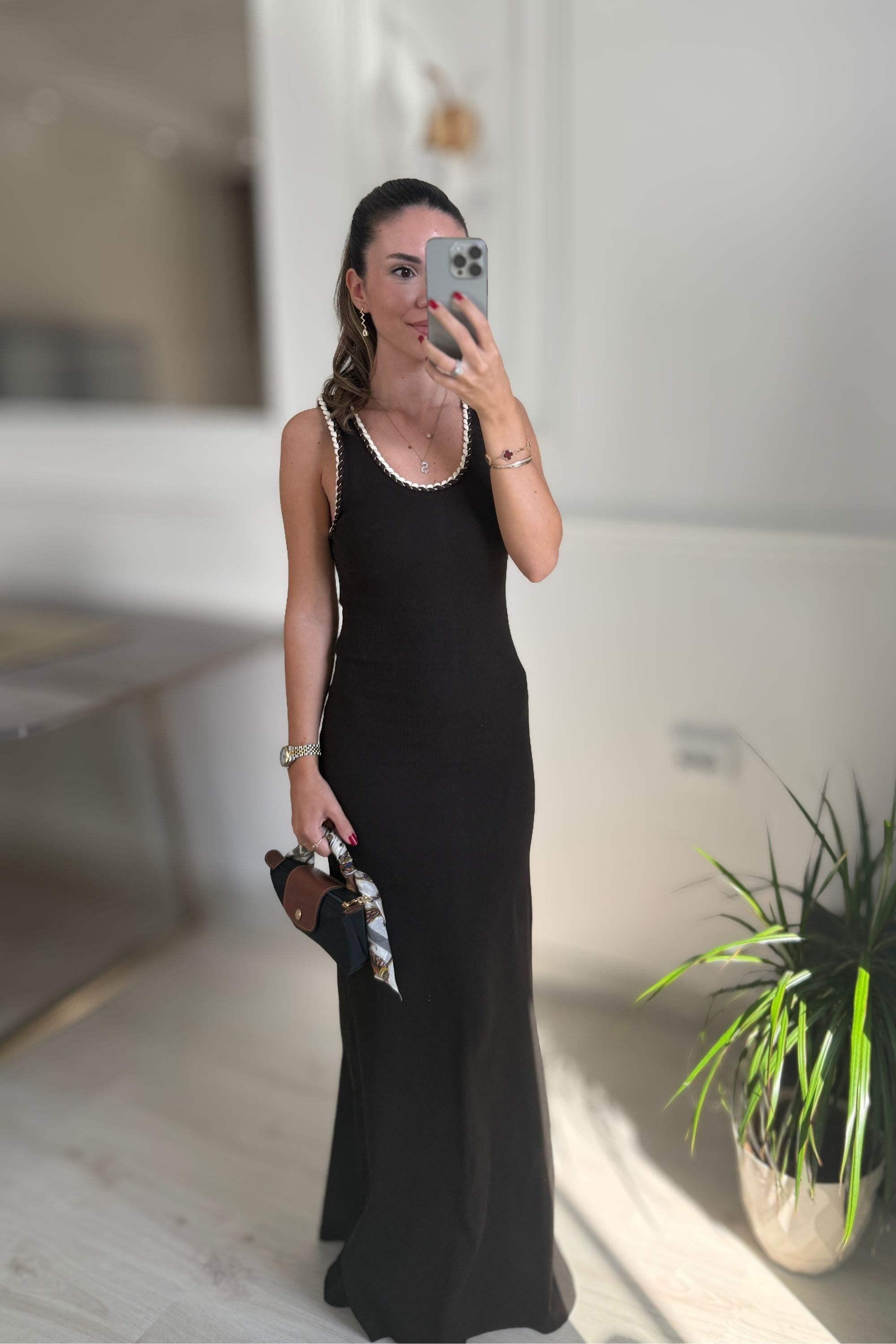 YAKA ÖRGÜ DETAYLI KAŞKORSE ELBİSE - KAHVE