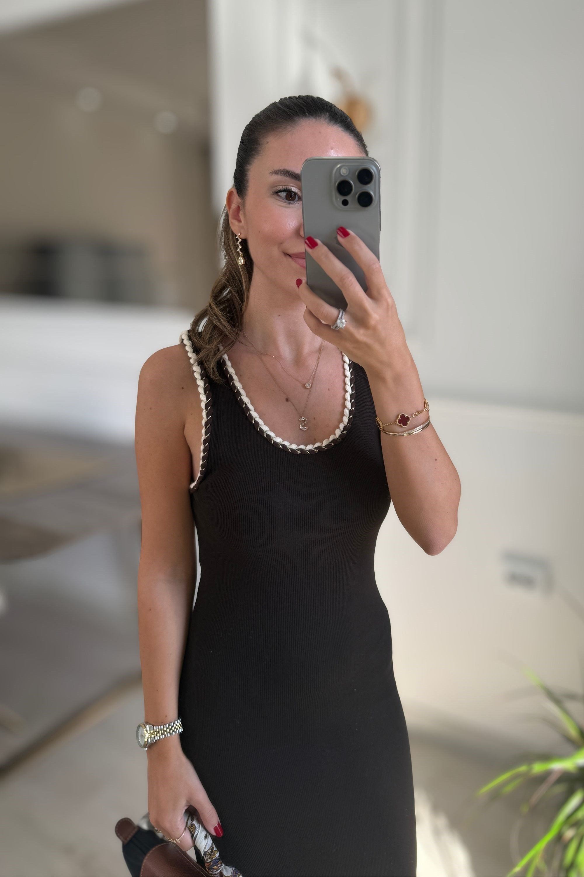 YAKA ÖRGÜ DETAYLI KAŞKORSE ELBİSE - KAHVE