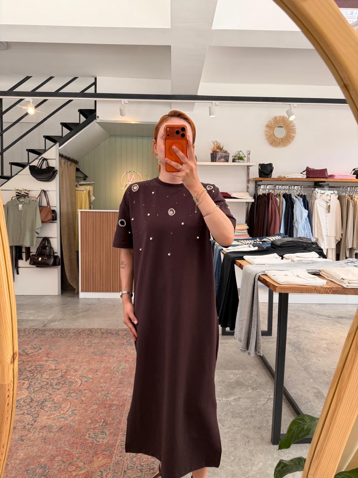 İNCİ DETAYLI MODAL KUMAŞ ELBİSE