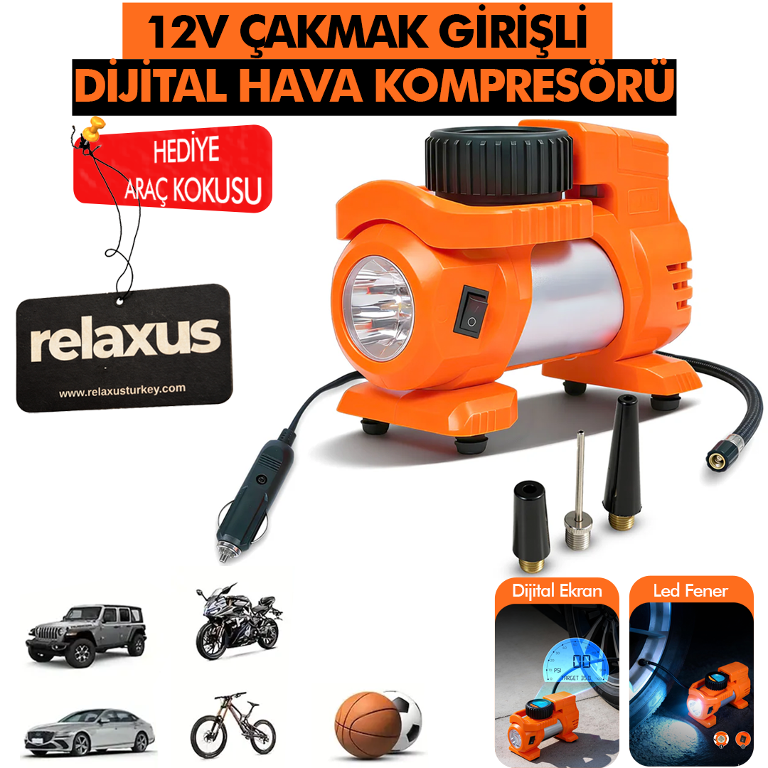 Araç Çakmak Girişli Dijital Hava Kompresörü Lastik Şişirme Pompası 12V Taşınabilir Oto Kokusu Hediye